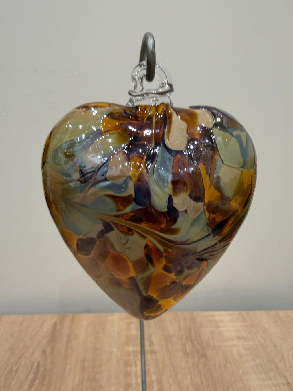 Hand-Blown Glass Heart Ornament 8cm – Amber Brown Multicolor Crackle Heart – Custom Color Option