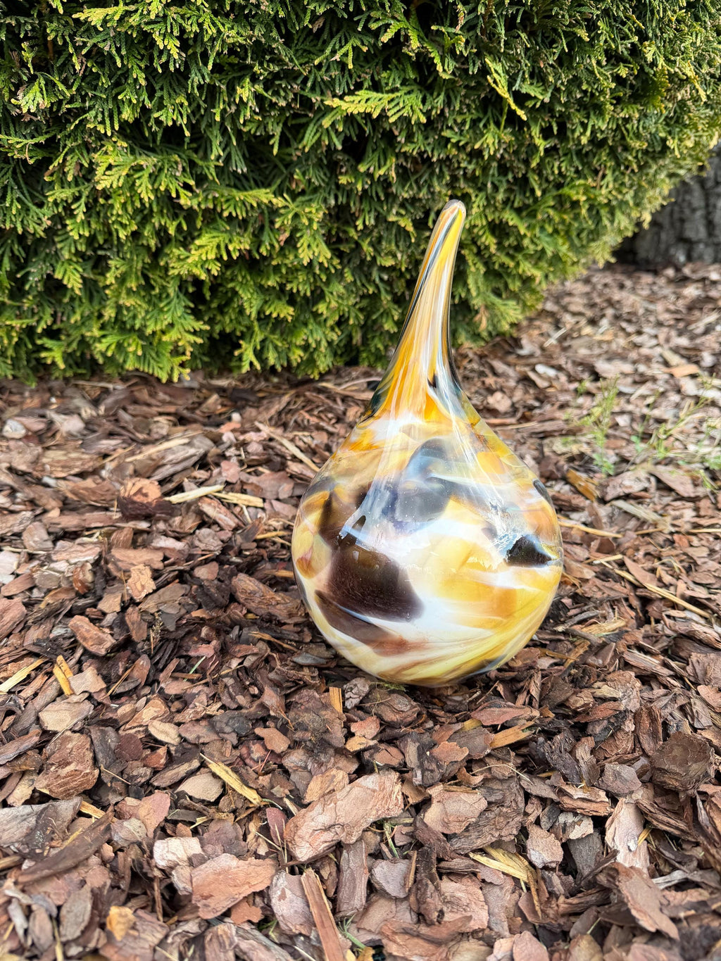 10cm Hand-Blown Glass Teardrop – Yellow Black Orange Swirl Mini Sculpture