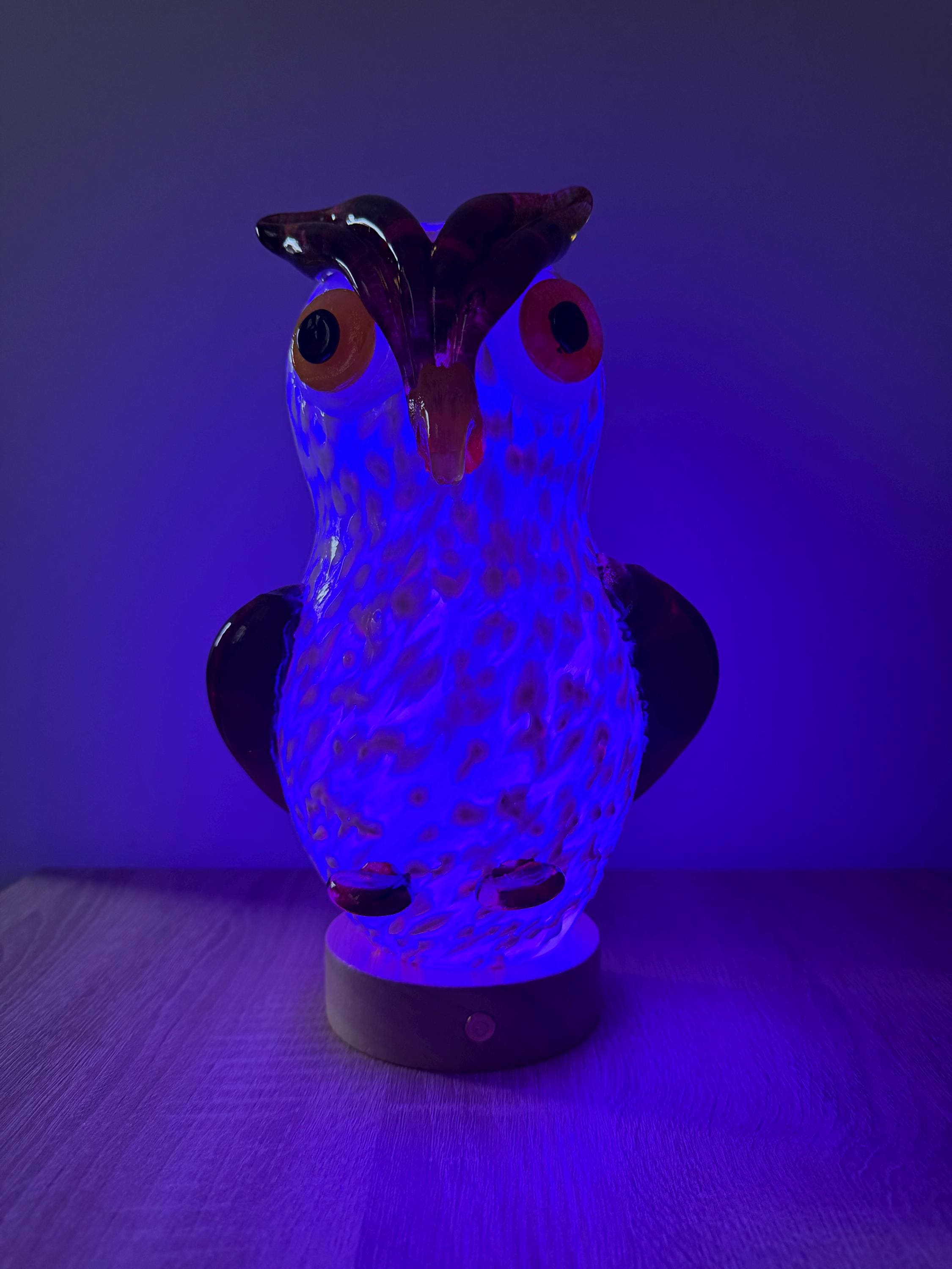 25cm Hand-Blown Glass Owl Lamp – Color Changing LED Touch Light Wooden Base