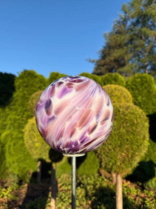 115cm Hand-Blown Pink Swirl Glass Garden Stake – 18cm Large Lilac Sphere on Metal Pole