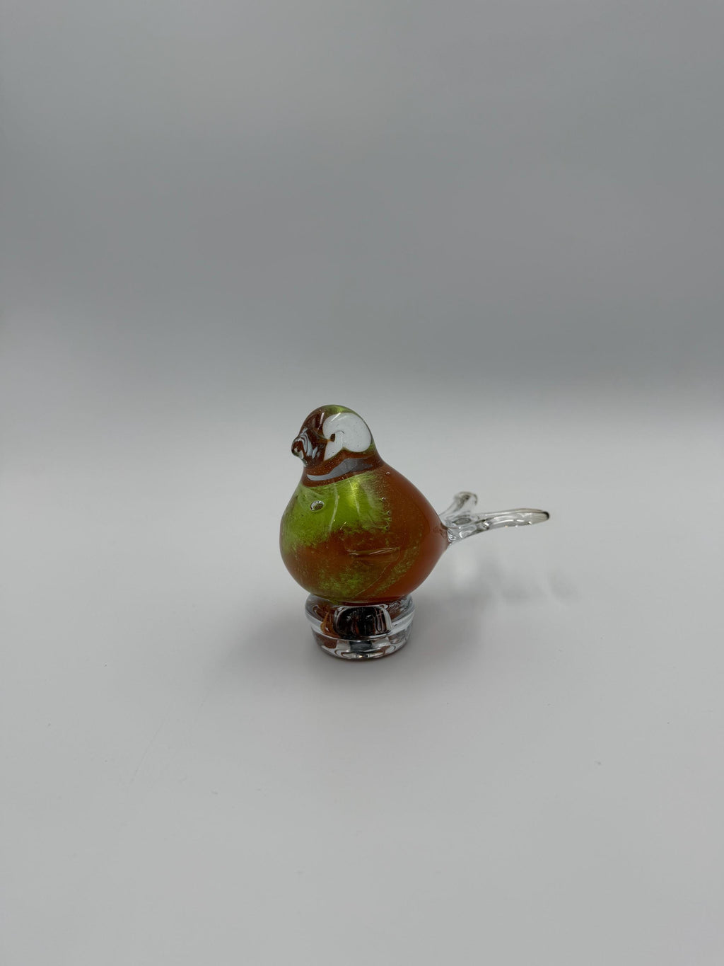 Hand-Blown Glass Bird Figurine – Green Brown Clear Sculpture 6cm