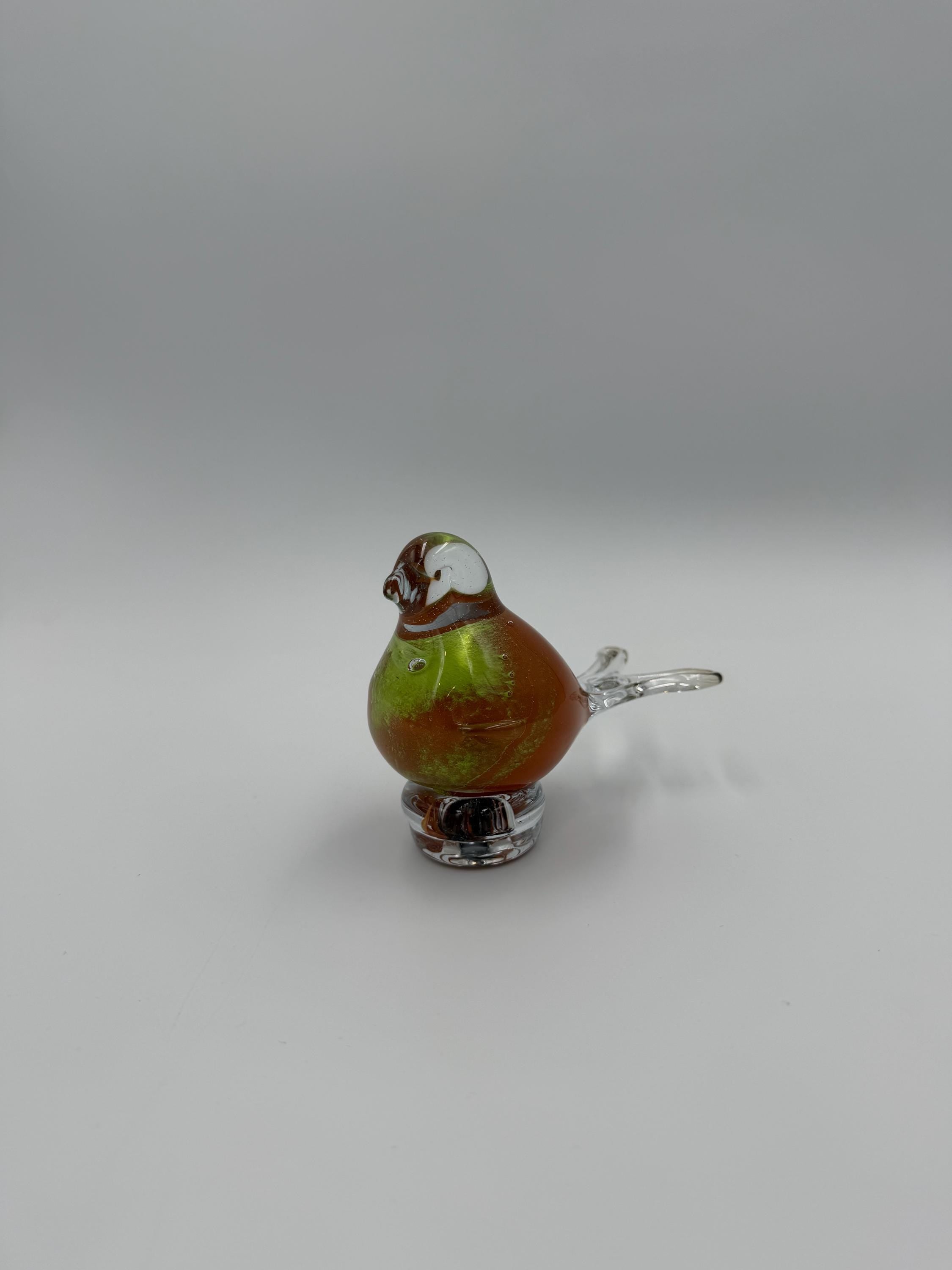 Hand-Blown Glass Bird Figurine – Green Brown Clear Sculpture 6cm