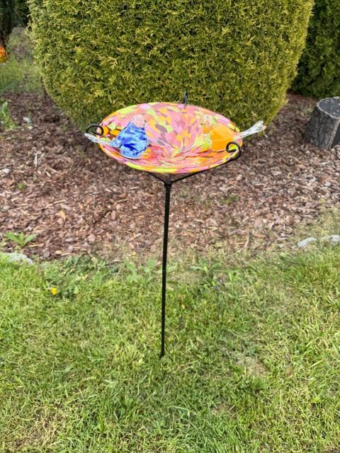Hand-Blown Glass Bird Bath with Birds – Multicolor Swirl Garden Feeder, 50cm Stand Included