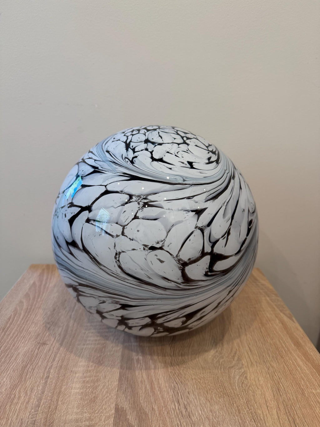 Hand-Blown Glass Sphere – 30cm Black White Swirl Marble Orb Garden Decor