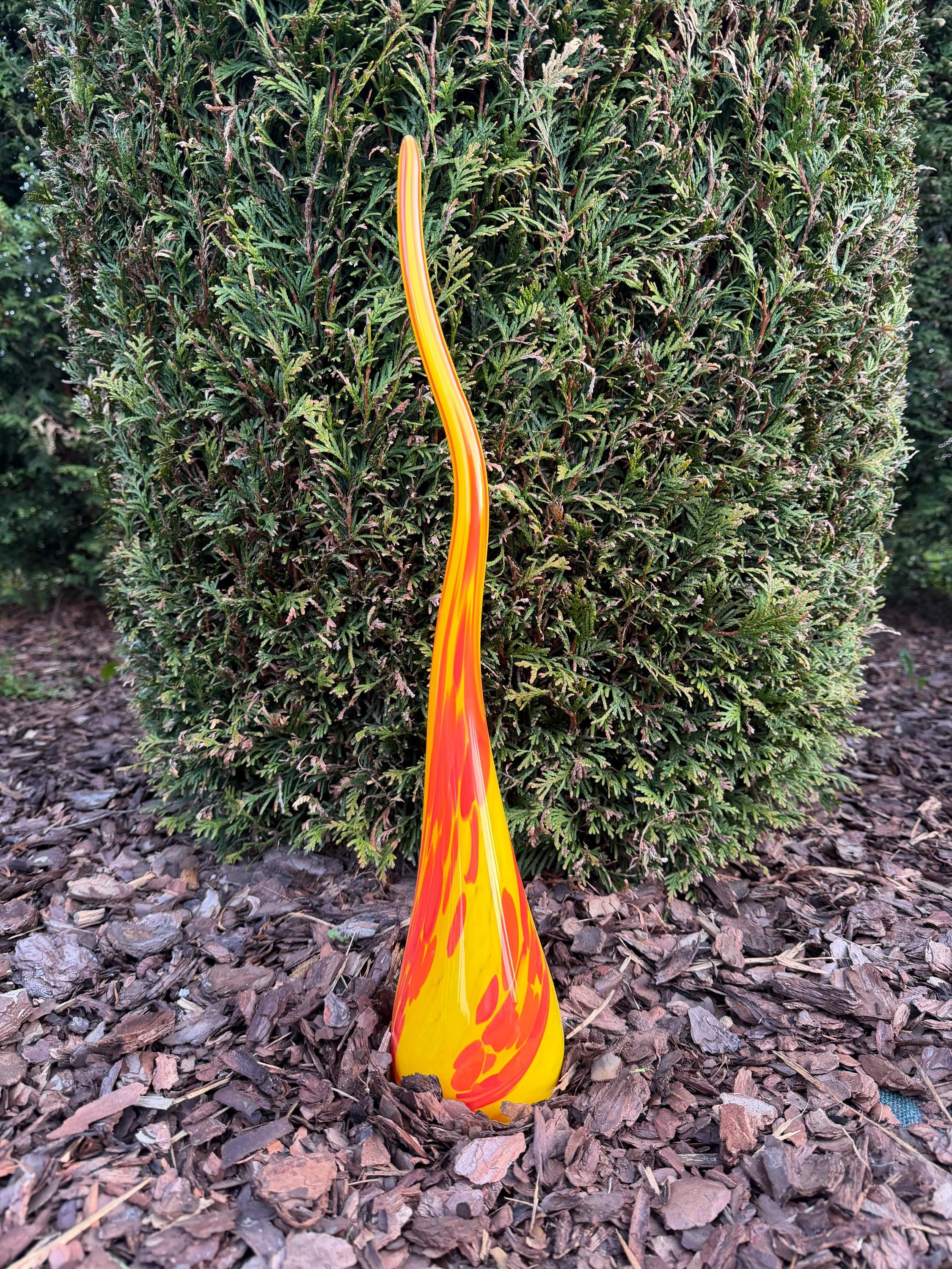 Large 50cm Hand-Blown Glass Garden Flame – Yellow Red Swirl Outdoor Sculpture – Modern Garden Art