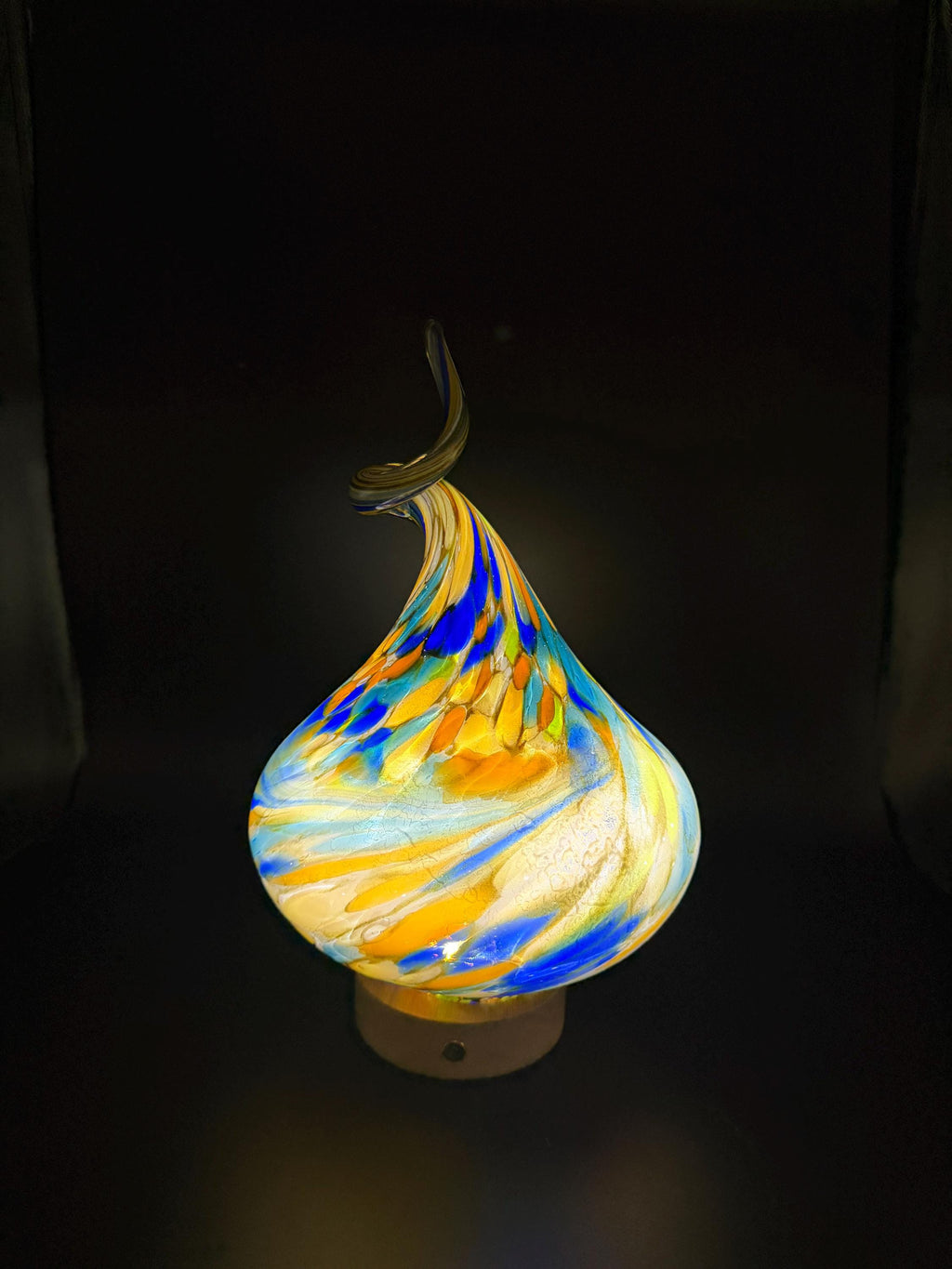 Hand-Blown Glass Swirl Lamp – Blue Yellow Artistic Accent Light (Battery Operated)