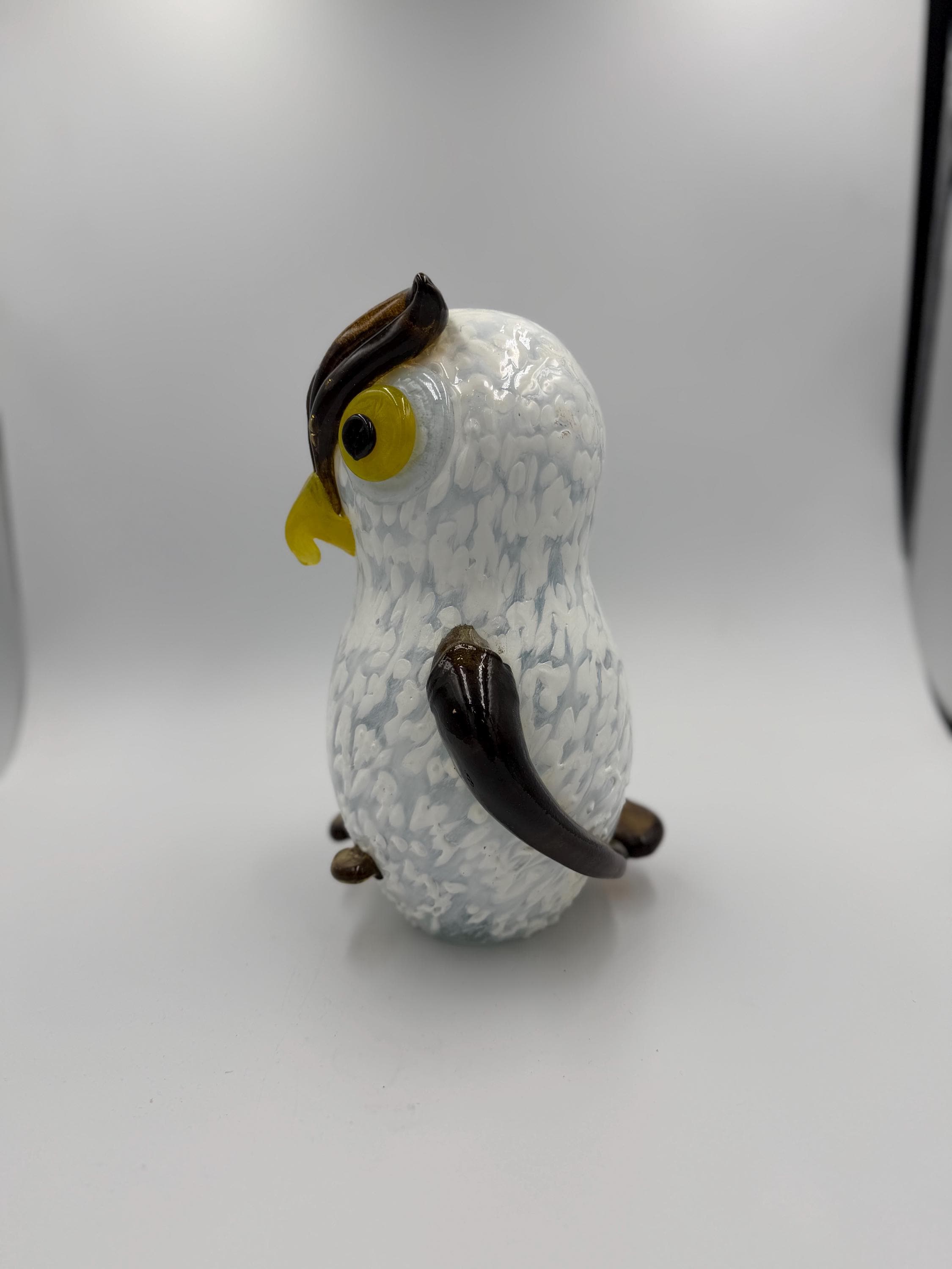 25cm Hand-Blown Glass Owl Figurine – Large White Brown Owl Sculpture with Yellow Eyes