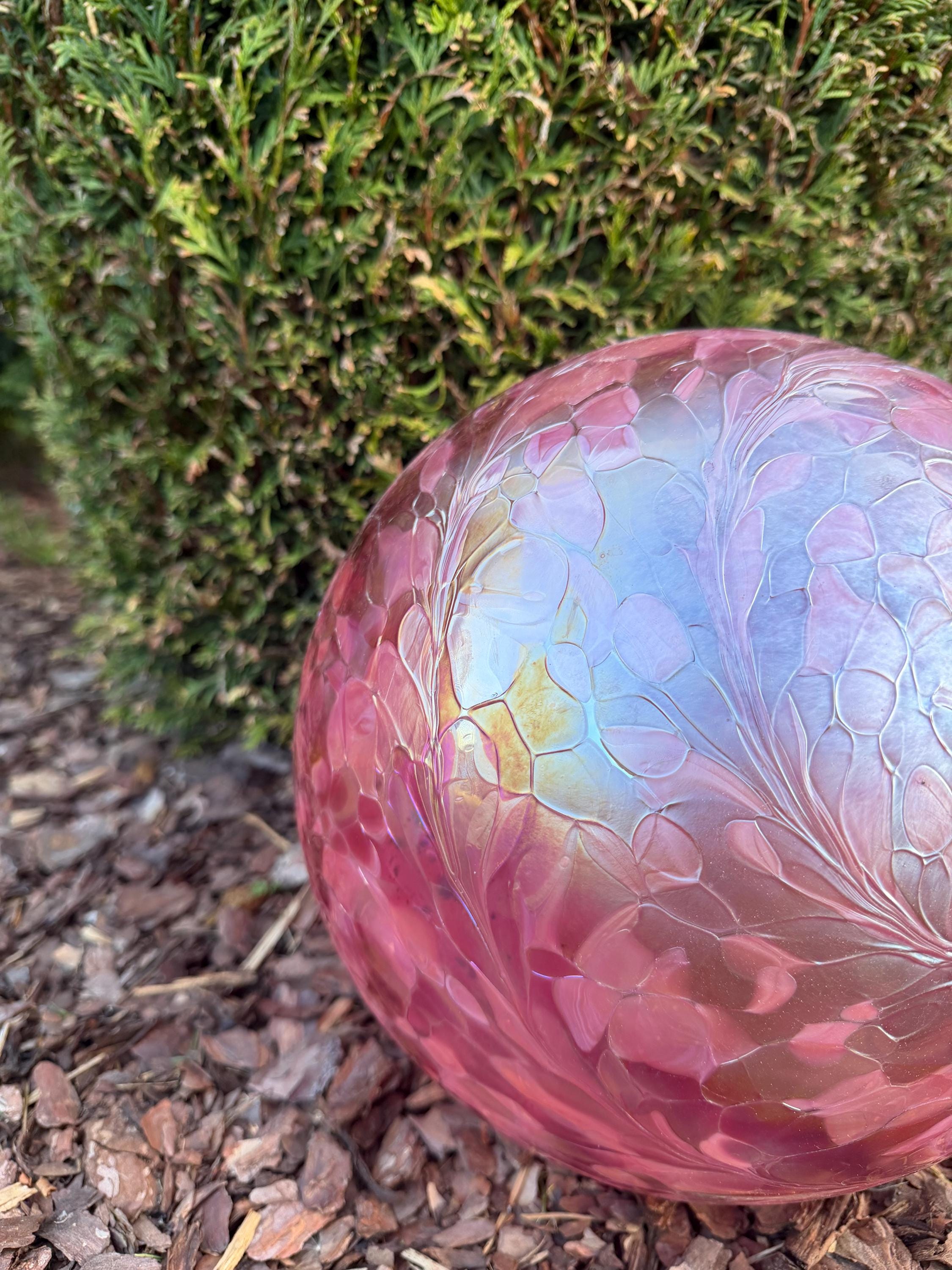 30cm Hand-Blown Glass Garden Sphere – Pink Iridescent Orb – Outdoor Garden Decor