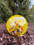 25cm Handblown Yellow Iridescent Garden Orb – Cracked Glass Mosaic Gazing Ball –  Outdoor Art