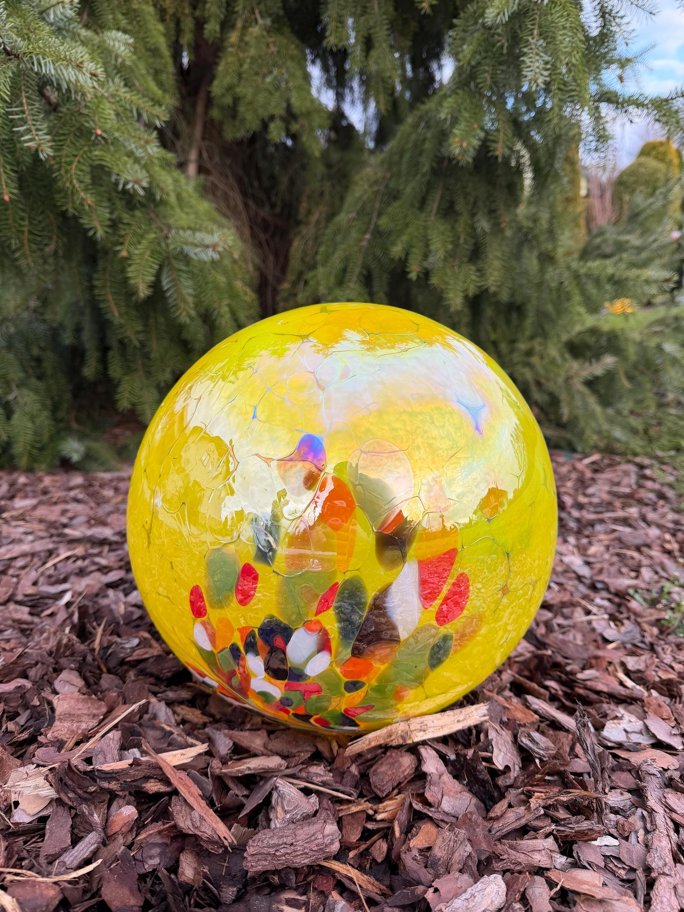 25cm Handblown Yellow Iridescent Garden Orb – Cracked Glass Mosaic Gazing Ball –  Outdoor Art