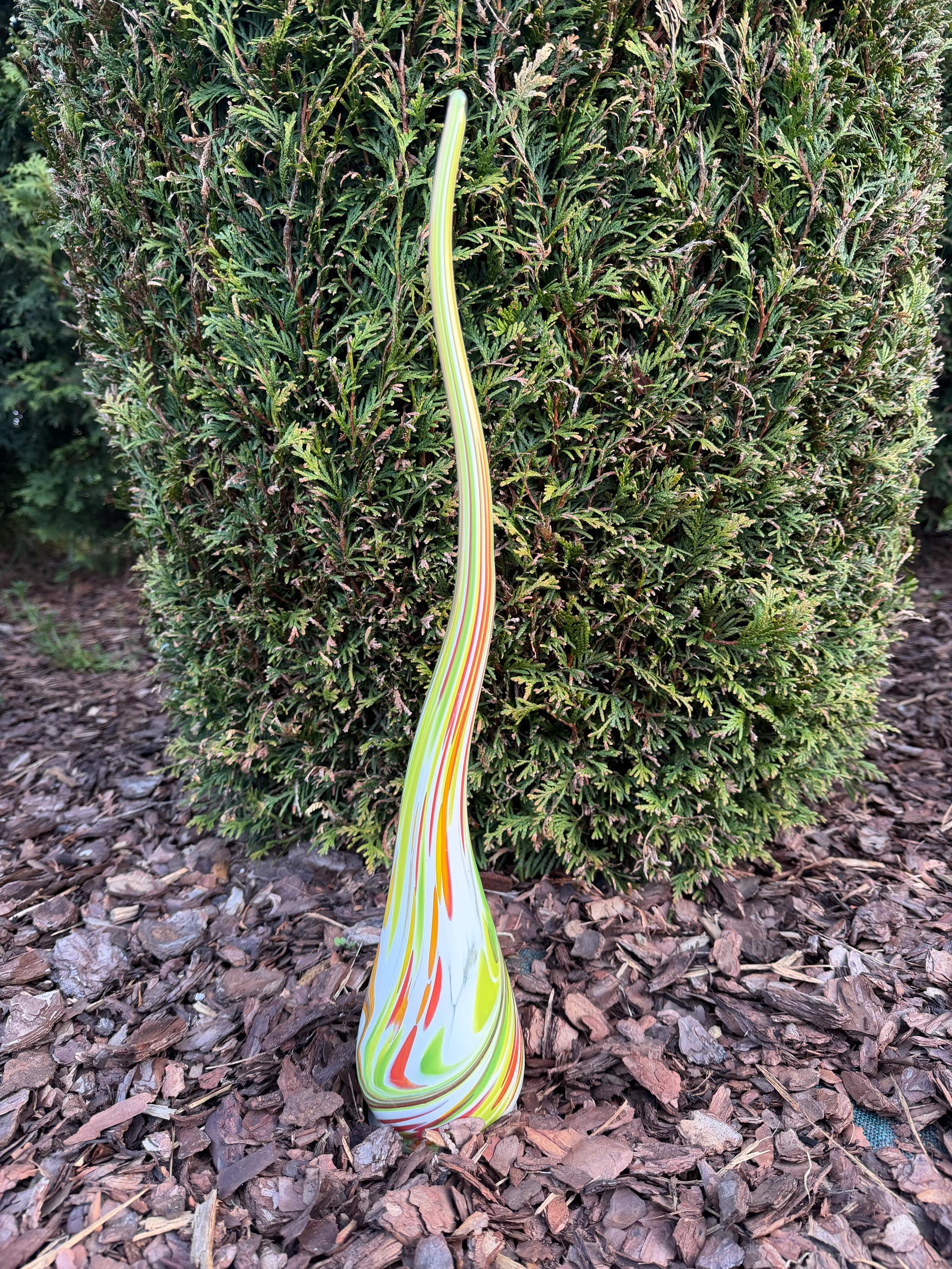 Hand-Blown Glass Garden Flame Sculpture – 50cm Green Yellow Orange Swirl Outdoor Art