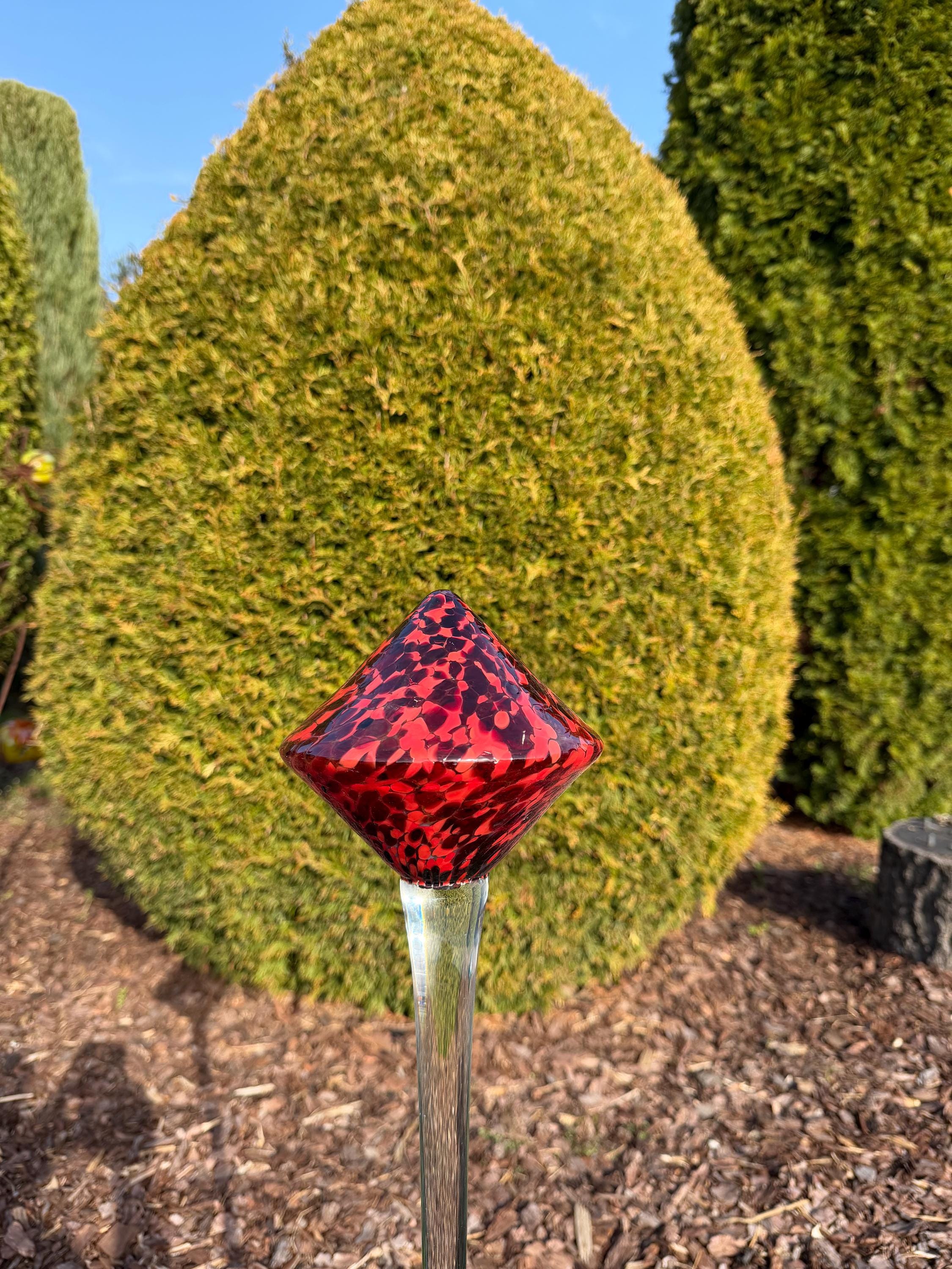 Tall 70cm Hand-Blown Glass Garden Stake – Red Black Diamond(15cm) Crackle Outdoor Sculpture