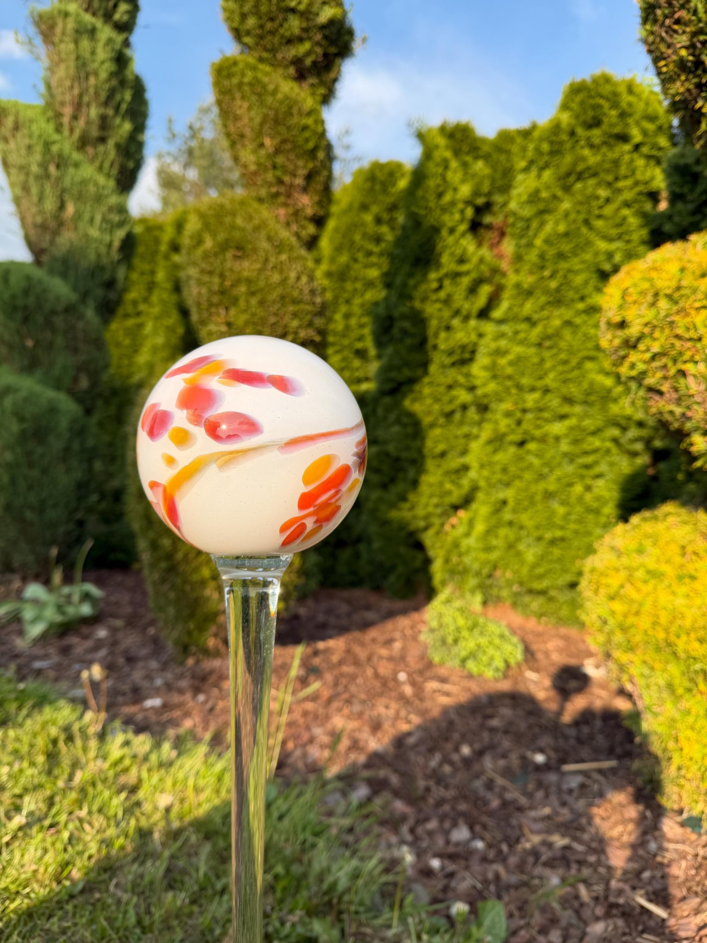 70cm Hand-Blown White Confetti Glass Garden Stake – 12cm Colorful Sphere