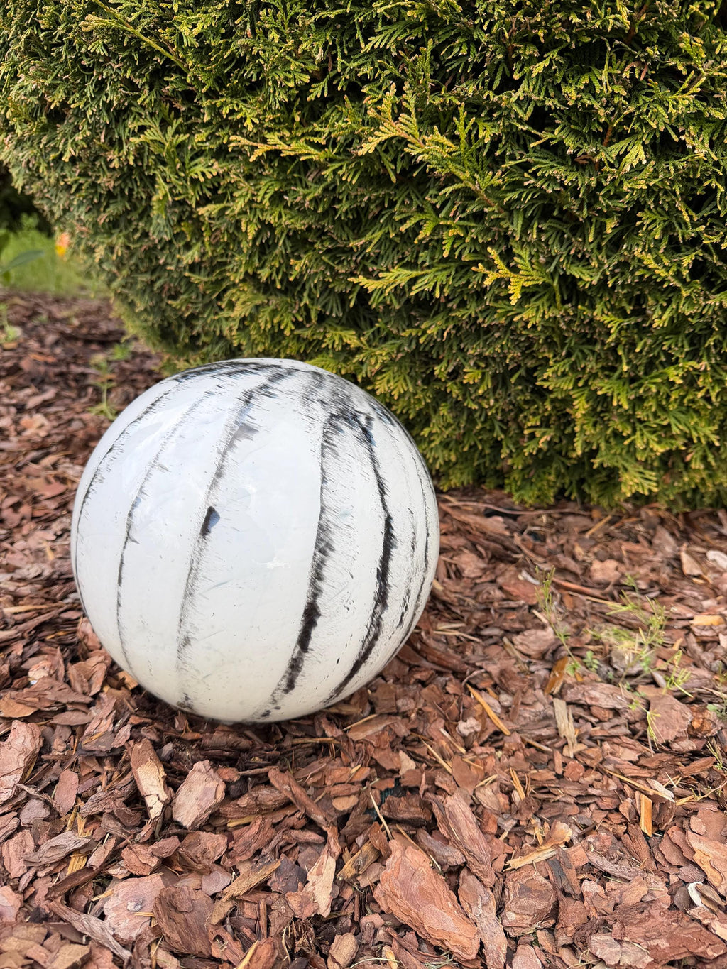 25cm Hand-Blown Glass Garden Sphere – White Black Striped Marble Gazing Ball