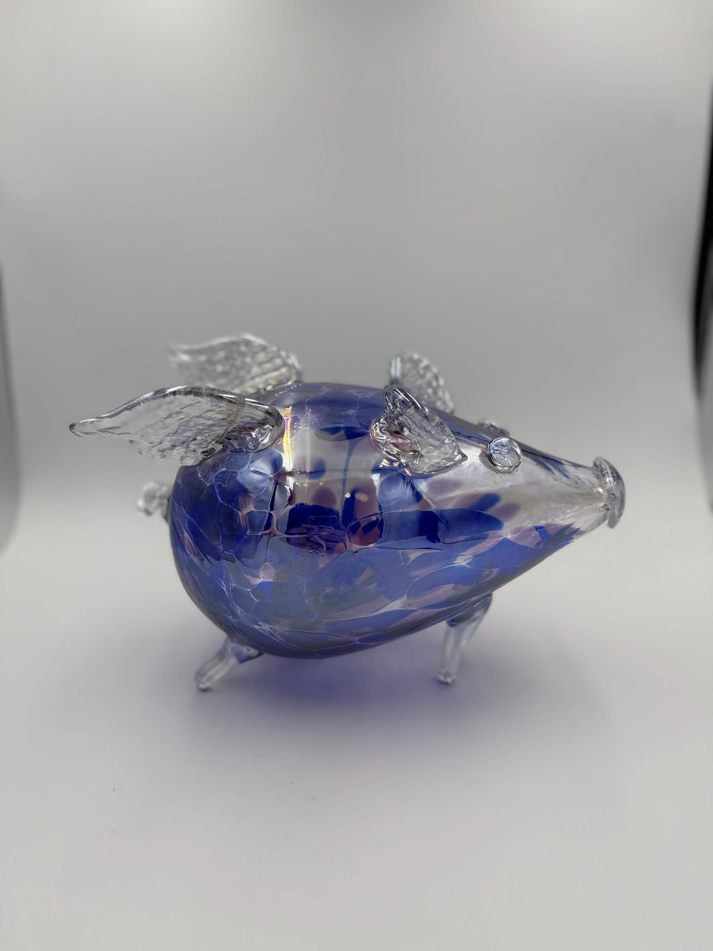 30cm Hand-Blown Flying Pig Glass Sculpture – Blue Purple Iridescent Crackle Art Piece