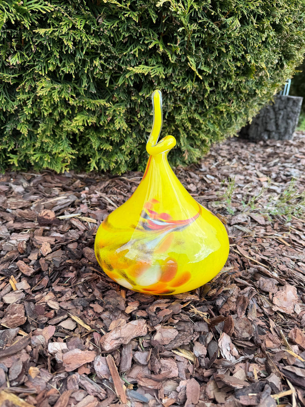 30cm Hand-Blown Glass Teardrop – Yellow Red Orange Swirl Garden Decor / Sculpture