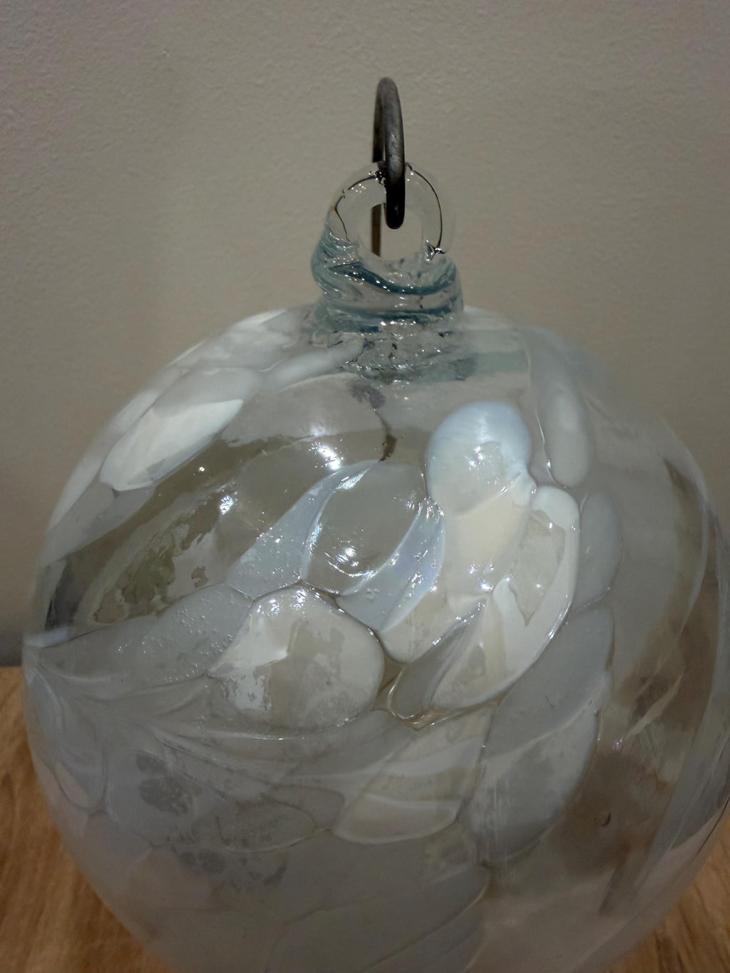 Handcrafted White Glass Sphere | Hanging Ornament | White Swirls | Window Suncatcher | Unique Art Decor