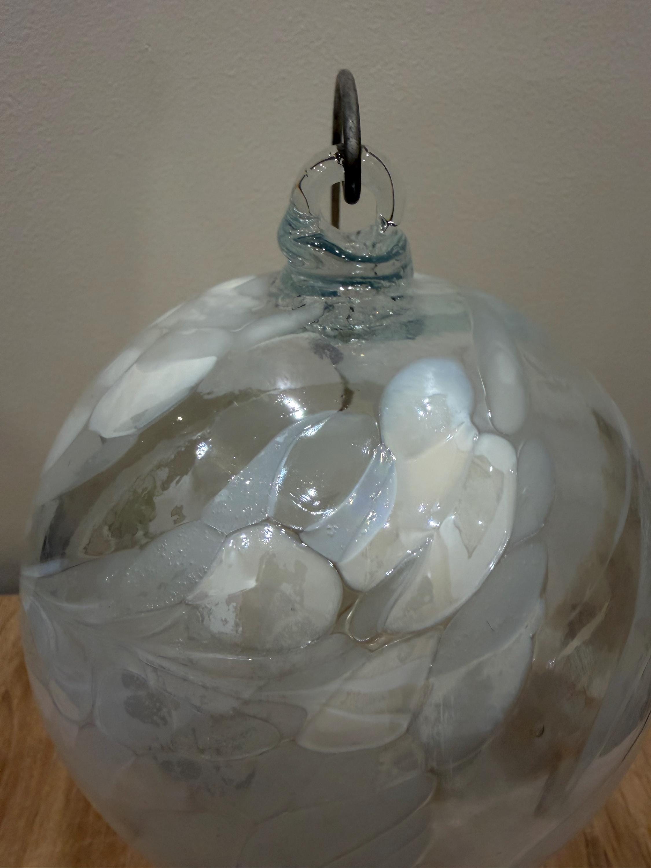 Handcrafted White Glass Sphere | Hanging Ornament | White Swirls | Window Suncatcher | Unique Art Decor