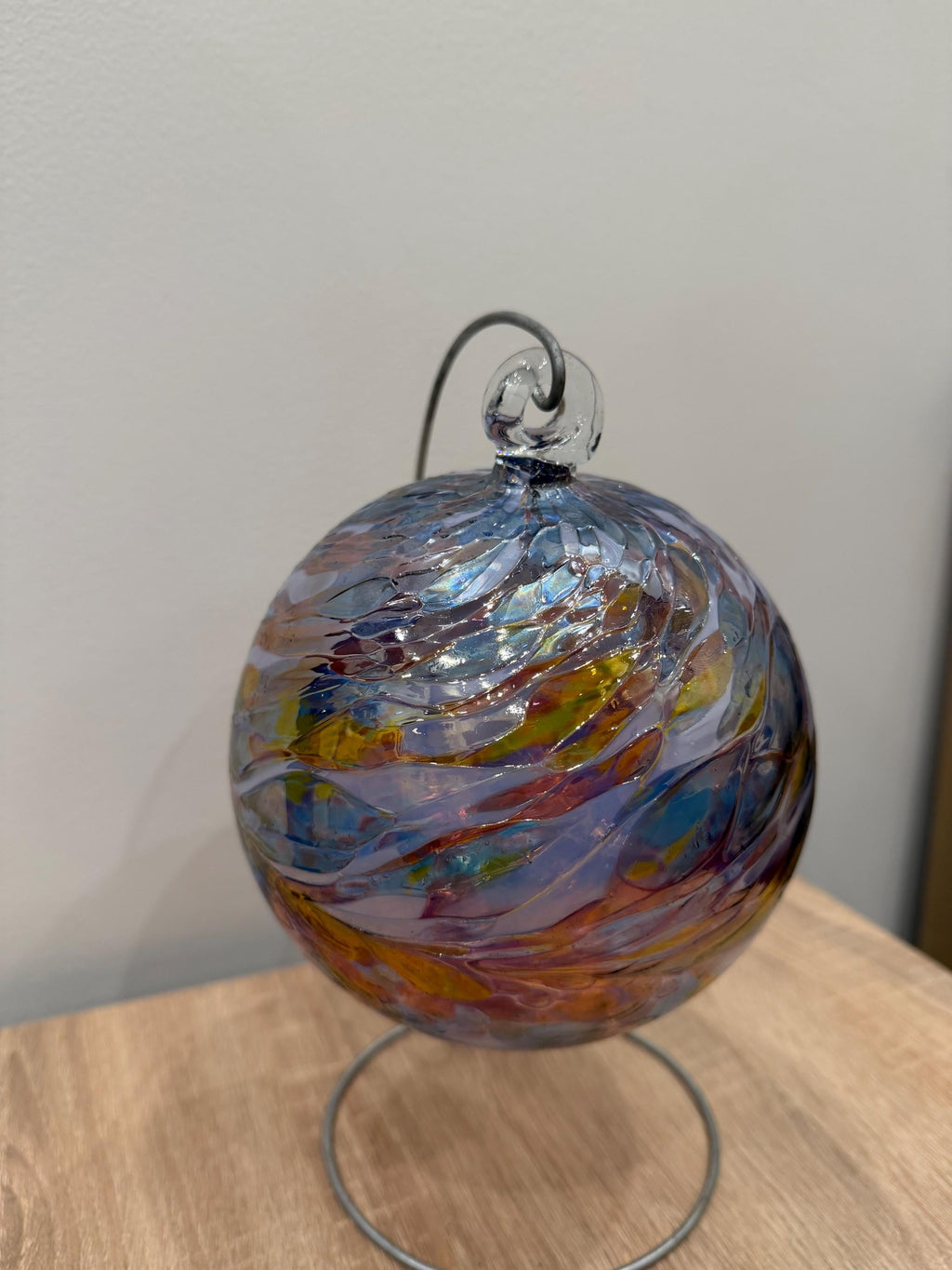Handcrafted Glass Sphere | Blue Amber Swirls, Wavy Texture Suncatcher | 15cm
