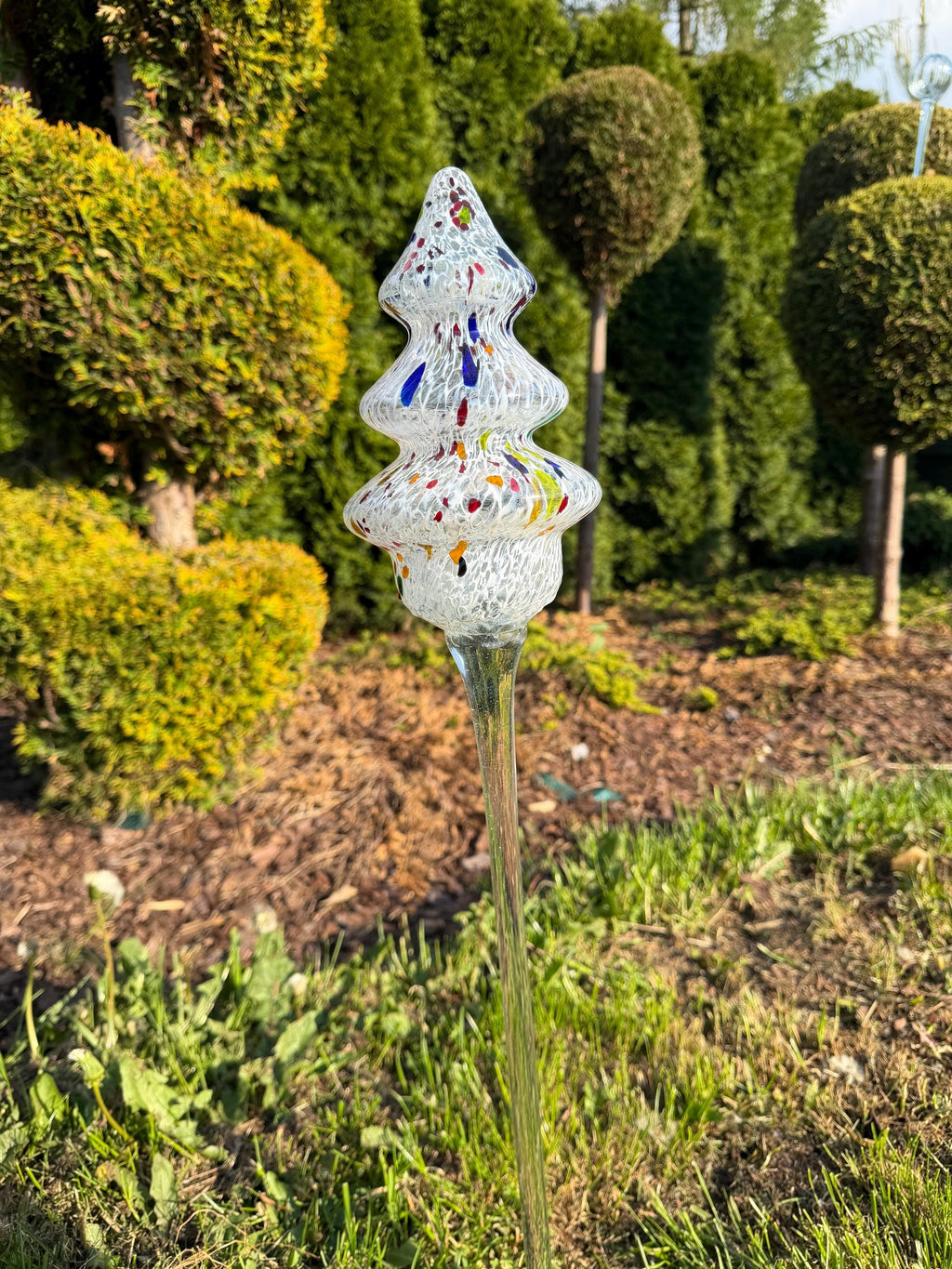 75cm Hand-Blown Glass Tree Garden Stake – Multicolor Confetti Crackle Tree 20cm