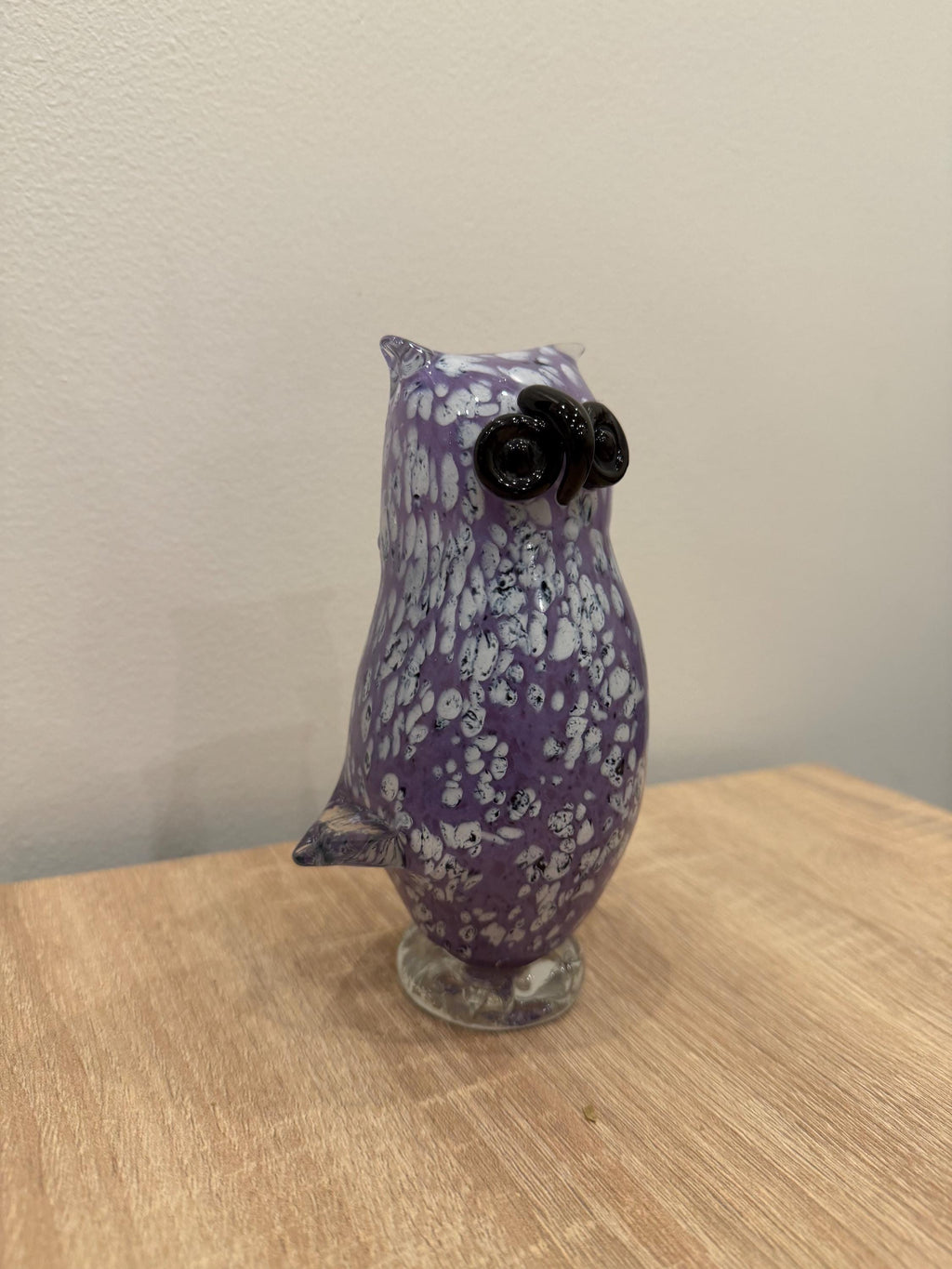 Hand-Blown Glass Owl Figurine – Purple White Speckled Art Sculpture