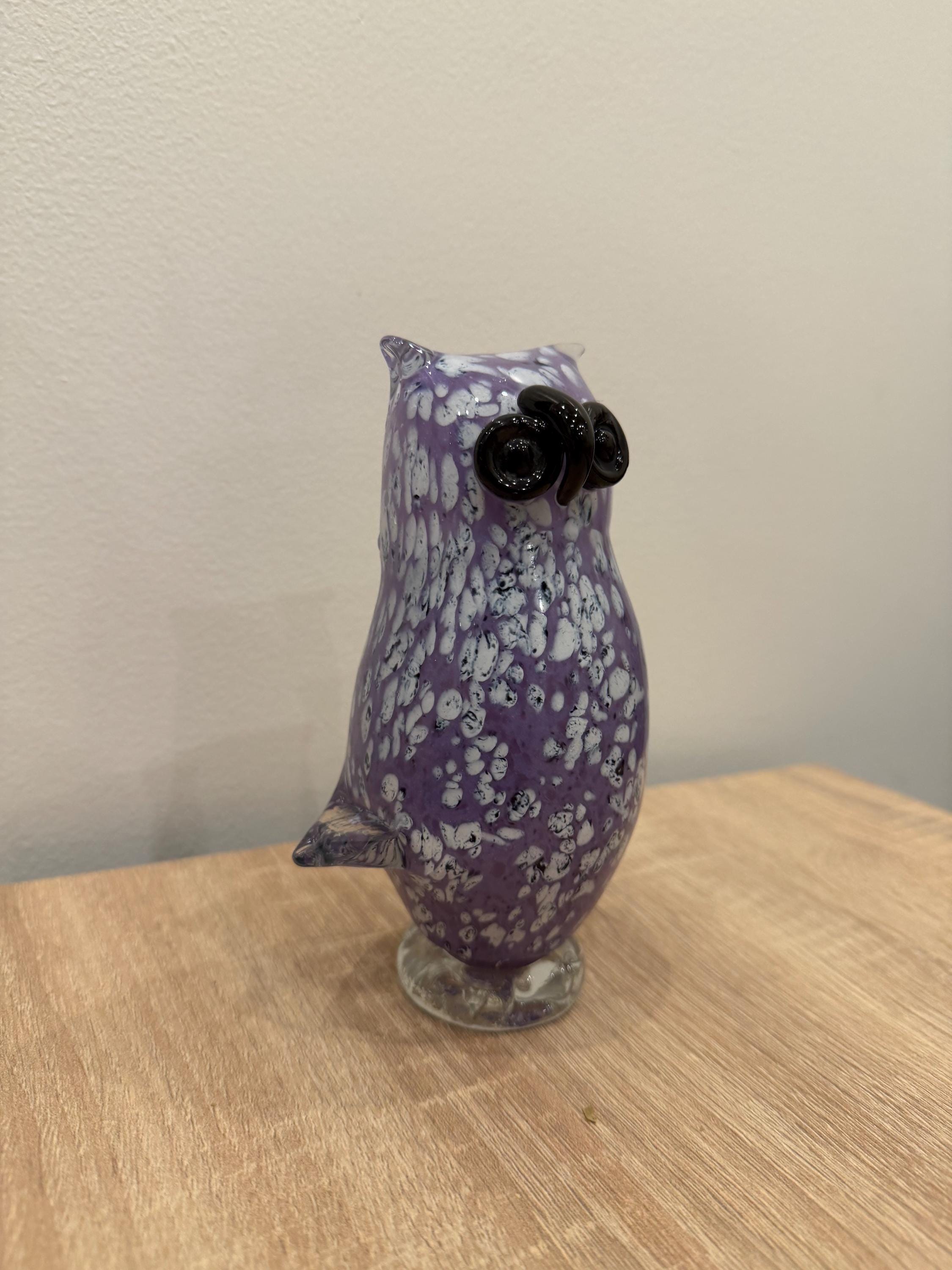 Hand-Blown Glass Owl Figurine – Purple White Speckled Art Sculpture
