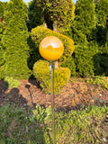 70cm Hand-Blown Iridescent Yellow Glass Garden Stake – 12cm Golden Sphere