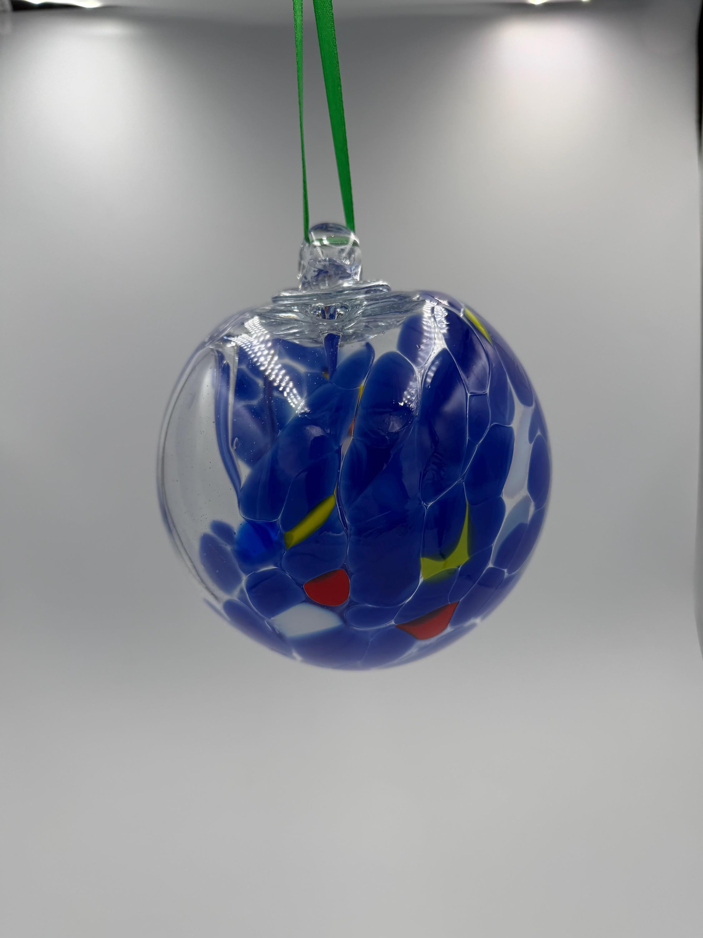 15cm Hand-Blown Blue Flower Glass Christmas Ornament – Clear Hanging Ball Suncatcher