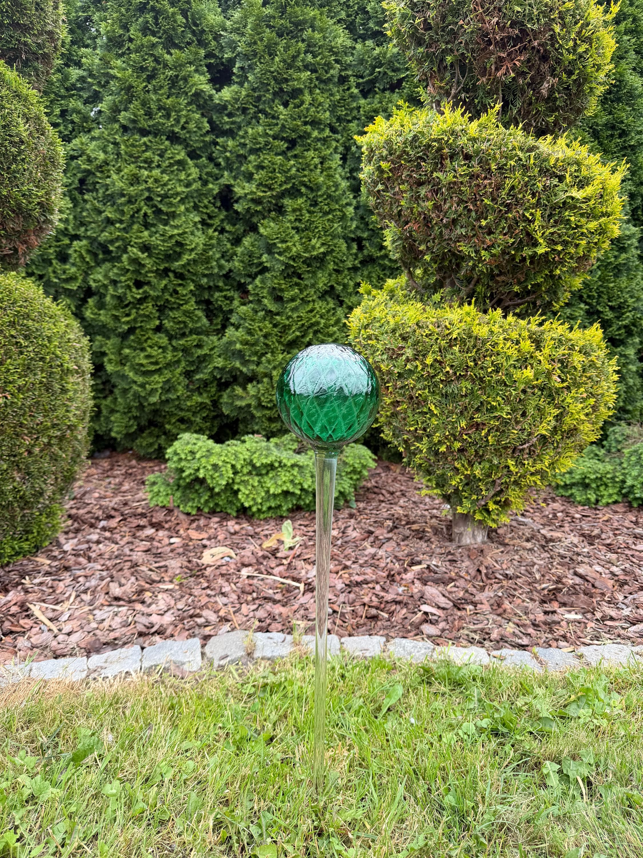 70cm Hand Blown Emerald Green - 12cm Glass Garden Ball Stake – Textured Art Decoration