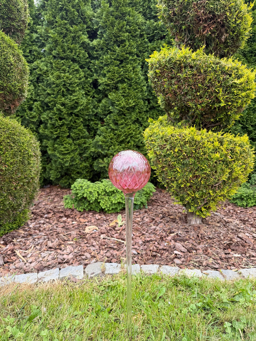 70cm Pink Glass Garden Ball on Stake – 12cm Hand Blown Gazing Ball – Handmade Ornament