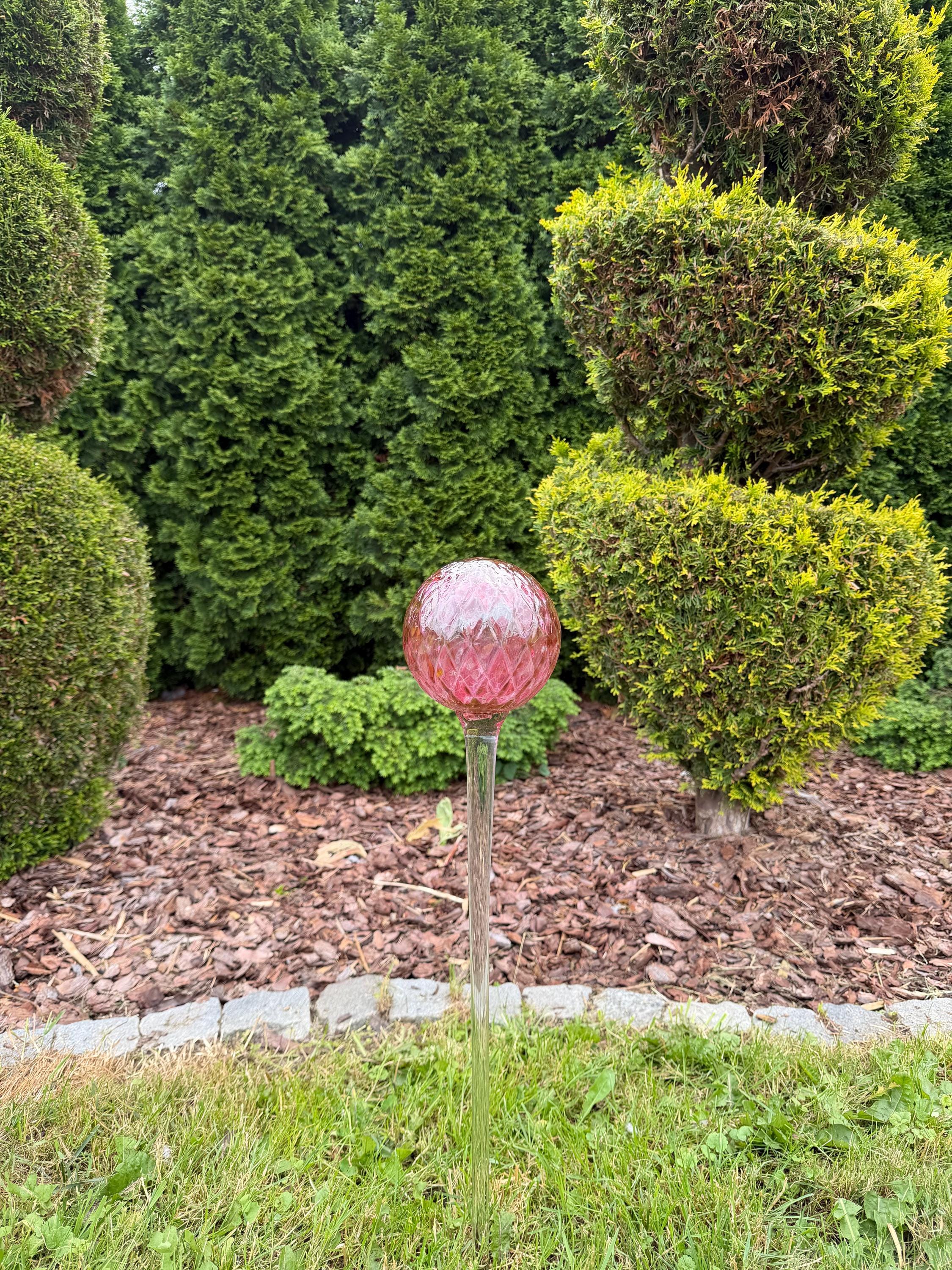 70cm Pink Glass Garden Ball on Stake – 12cm Hand Blown Gazing Ball – Handmade Ornament