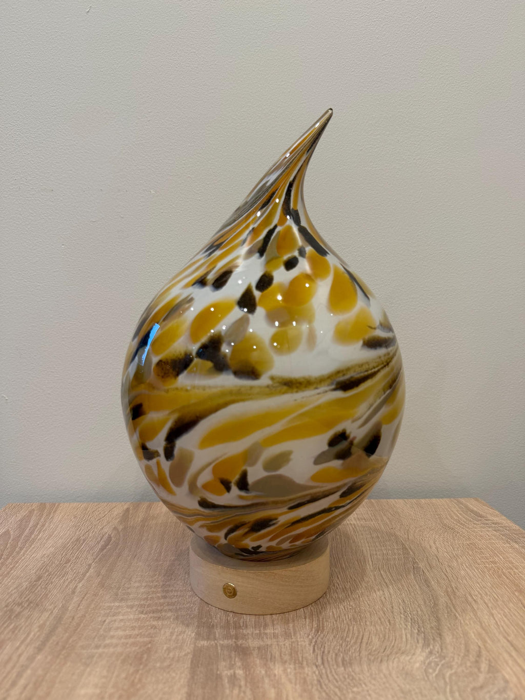 25cm Hand-Blown Gold Yellow Black Teardrop Glass Lamp – LED Touch Light Wooden Base