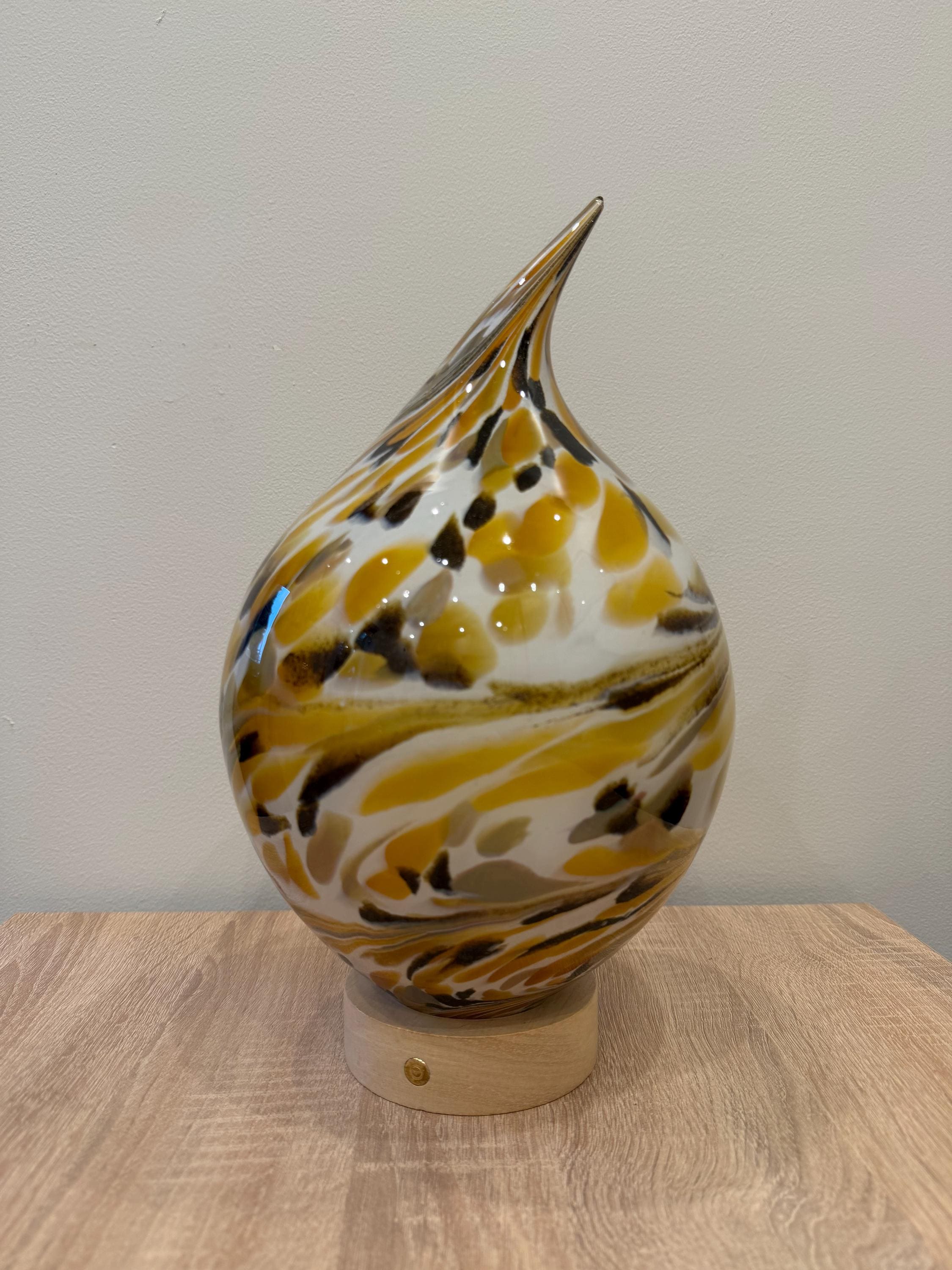 25cm Hand-Blown Gold Yellow Black Teardrop Glass Lamp – LED Touch Light Wooden Base