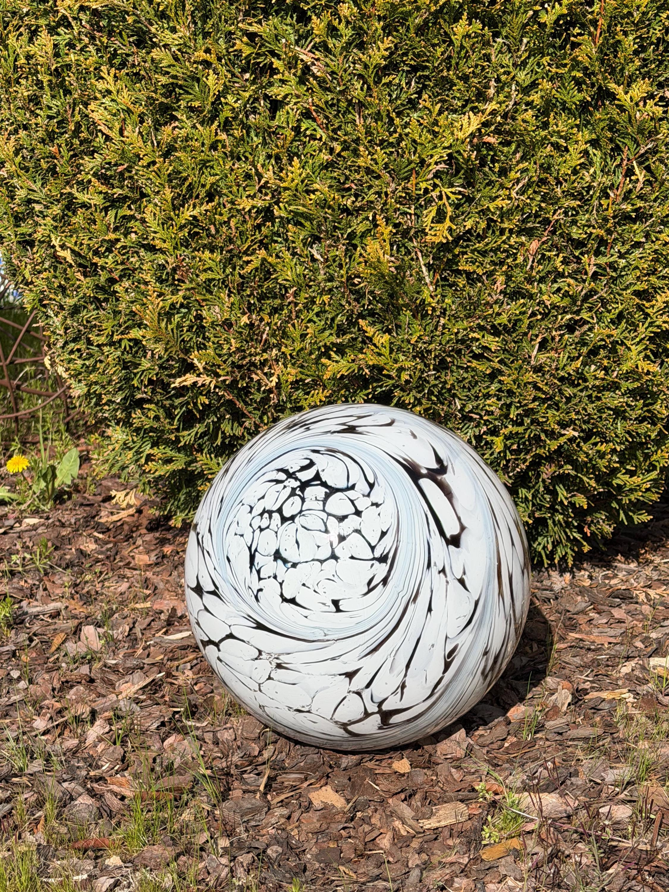 Hand-Blown Glass Sphere – 30cm Black White Swirl Marble Orb Garden Decor