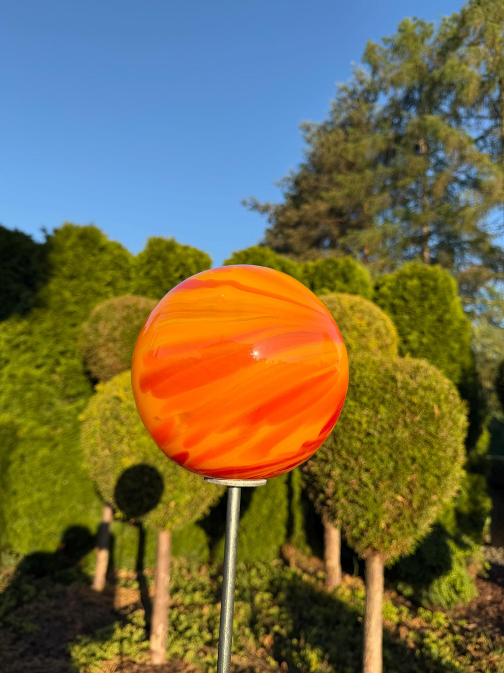 115cm Hand-Blown Orange Swirl Glass Garden Stake – 18cm Large Sphere on Metal Pole