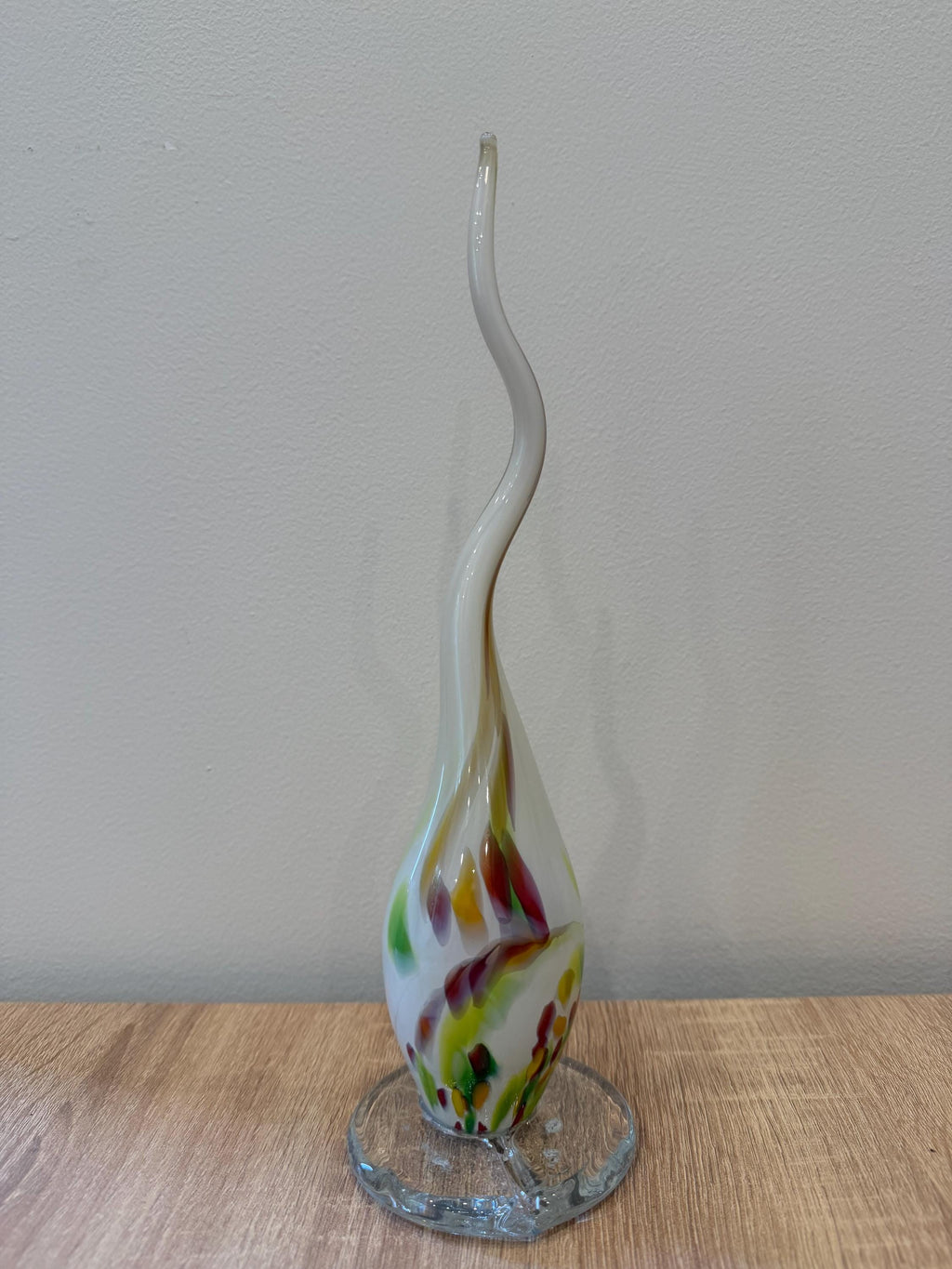 Hand-Blown Glass Spike Sculpture 30cm – White Multicolor Swirl Elegant Art Object