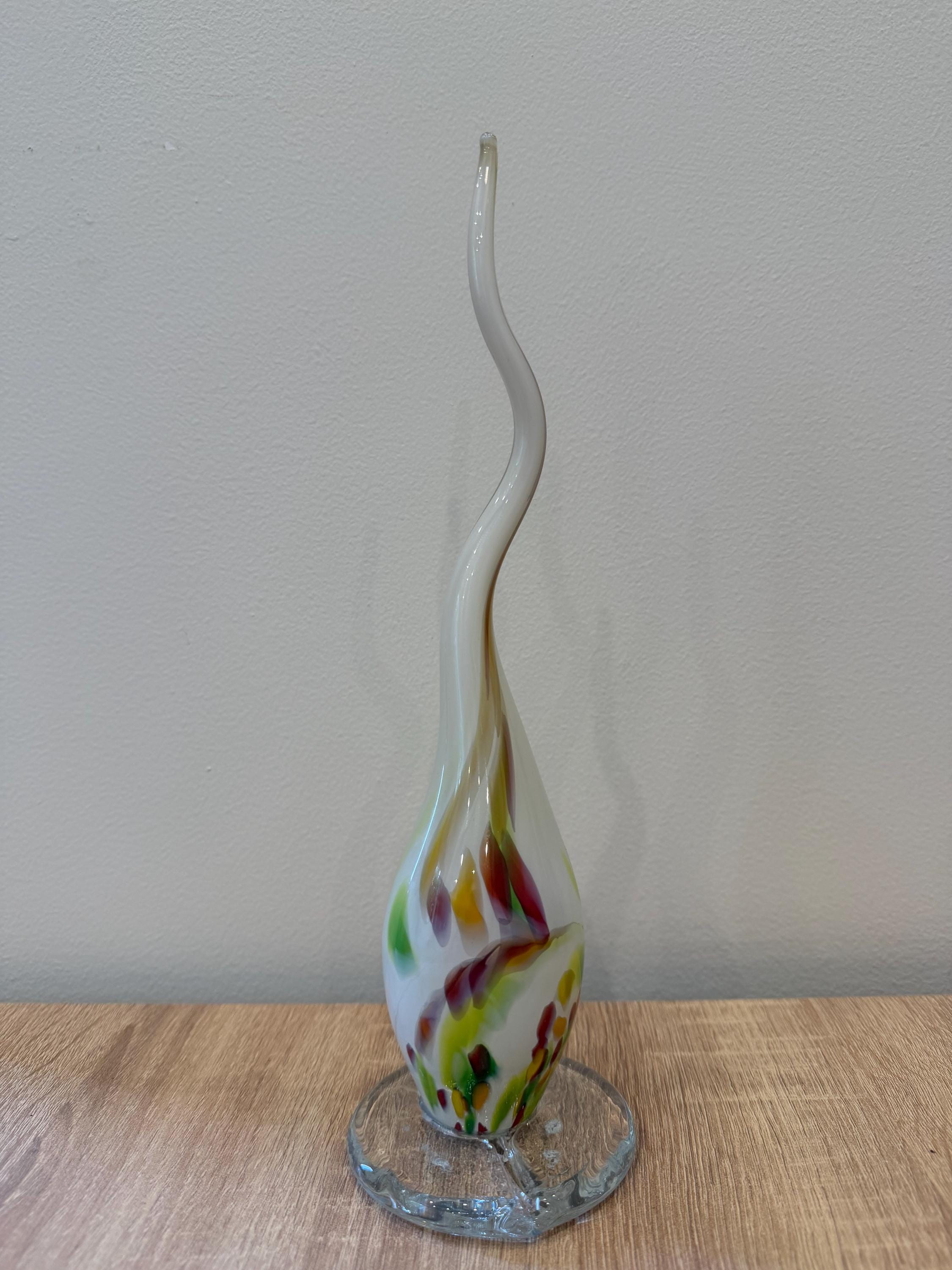 Hand-Blown Glass Spike Sculpture 30cm – White Multicolor Swirl Elegant Art Object