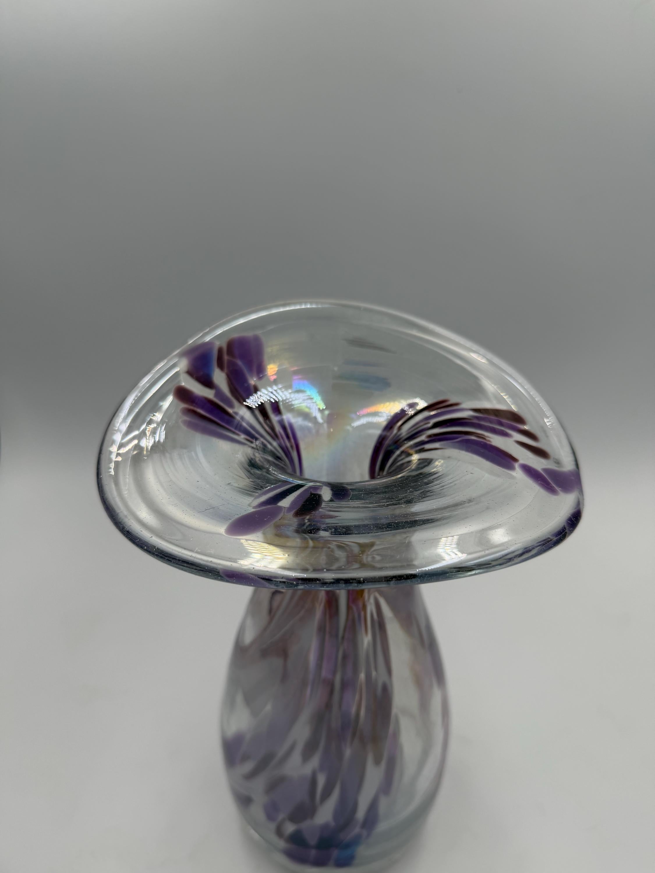20cm Hand-Blown Glass Vase – Purple Iridescent Swirl Art Glass with Flared Rim