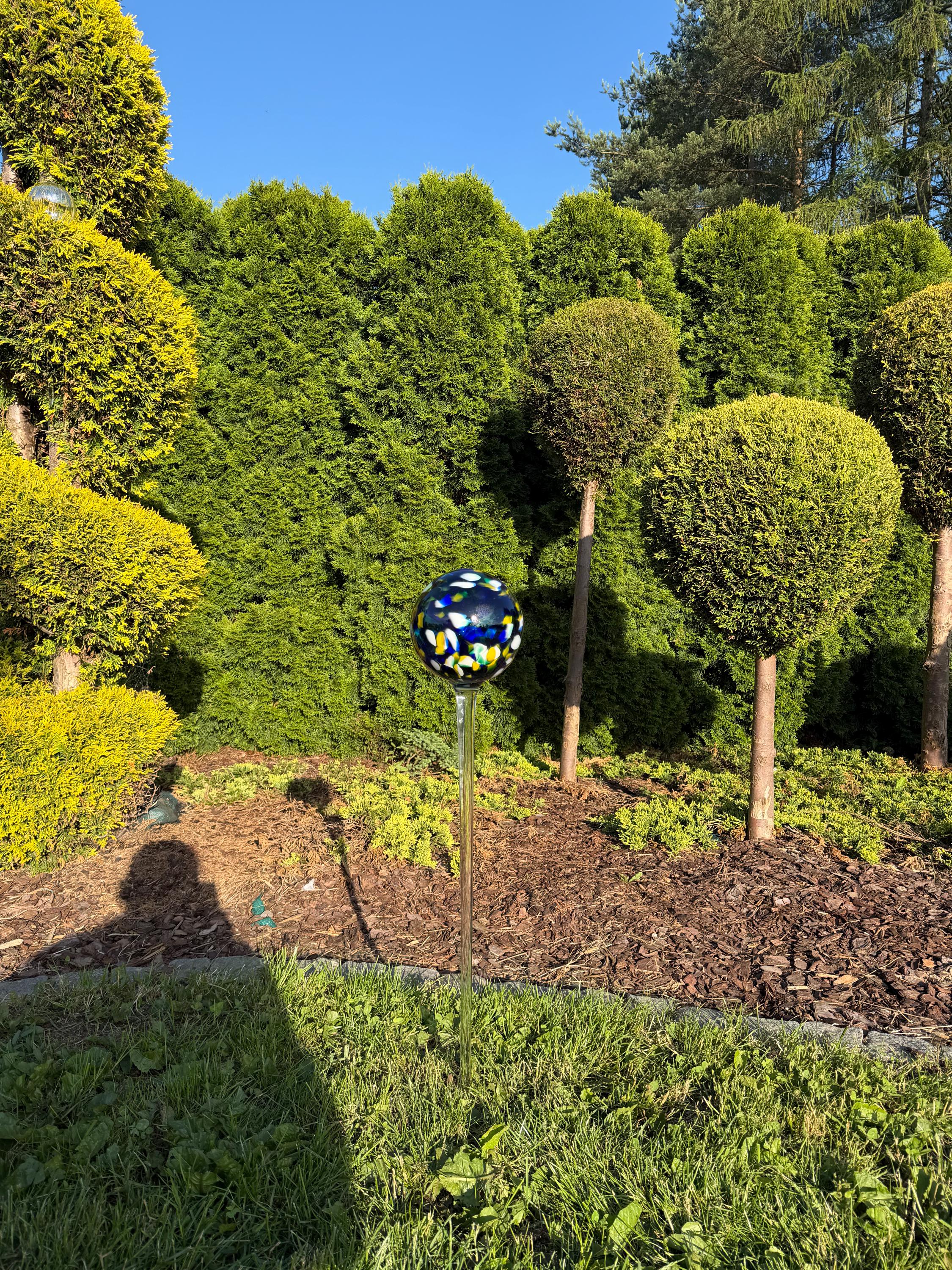 15cm Blue Confetti Glass Garden Stake - Hand Blown Garden Globe - 80cm Yard Art