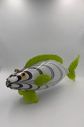 43cm Hand-Blown Glass Fish Sculpture – White Gray Swirl with Green Fins