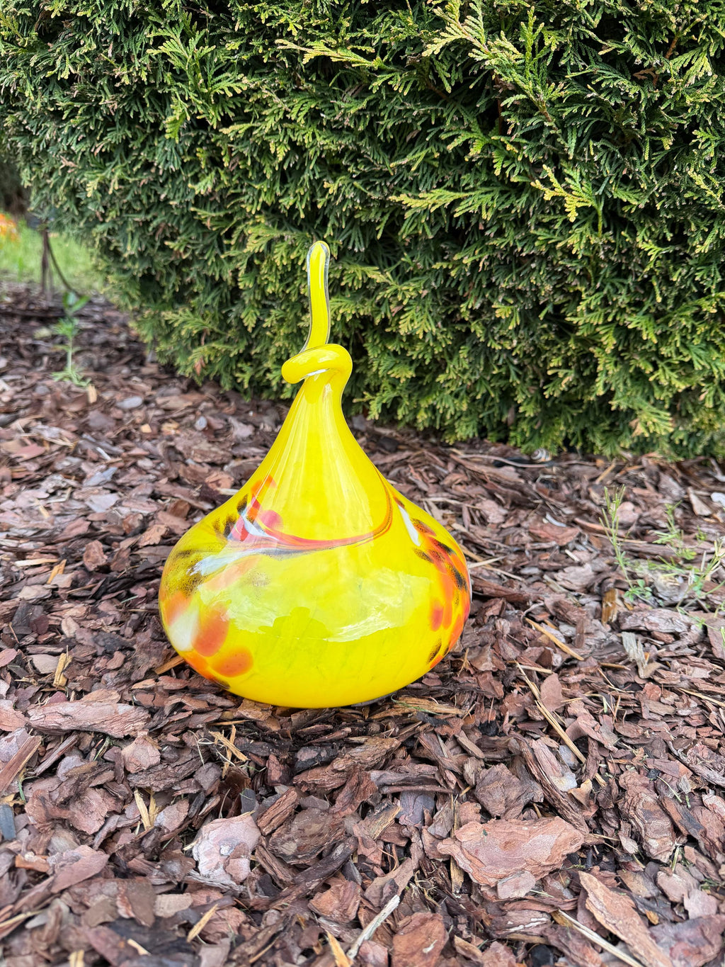 30cm Hand-Blown Glass Teardrop – Yellow Red Orange Swirl Garden Decor / Sculpture