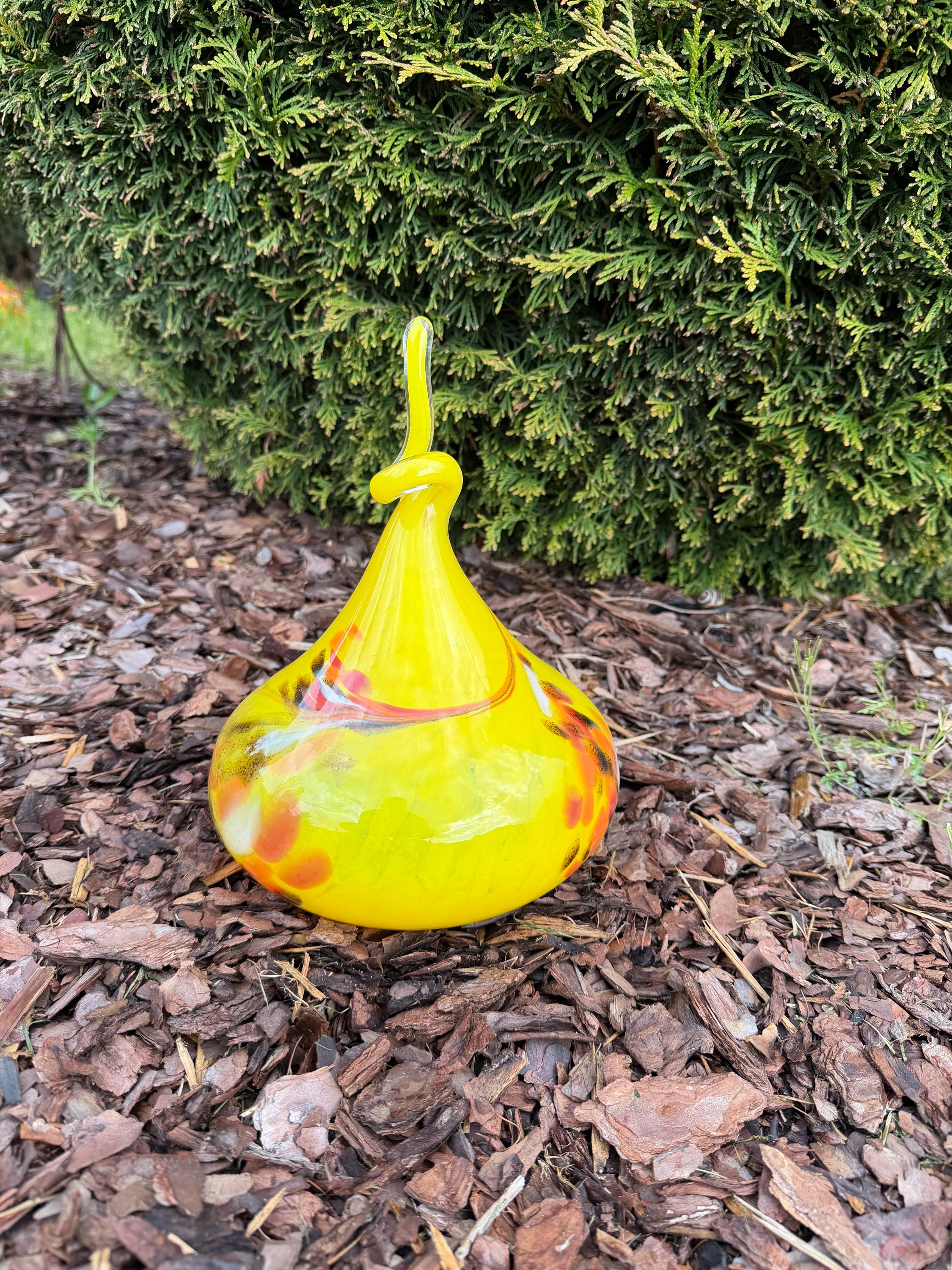 30cm Hand-Blown Glass Teardrop – Yellow Red Orange Swirl Garden Decor / Sculpture