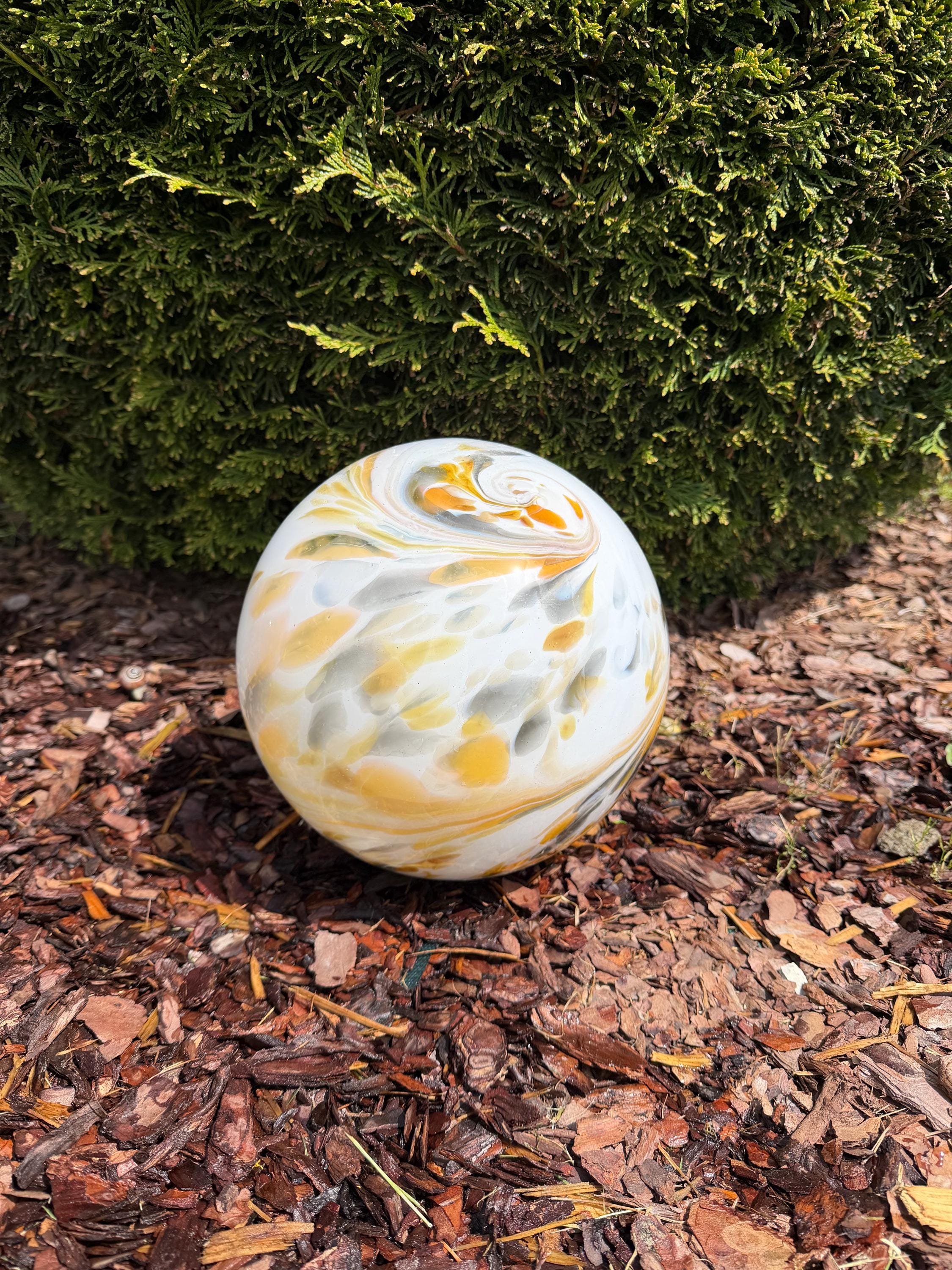 25cm Hand-Blown White Yellow Swirl Glass Sphere – Large Marble Decorative Orb