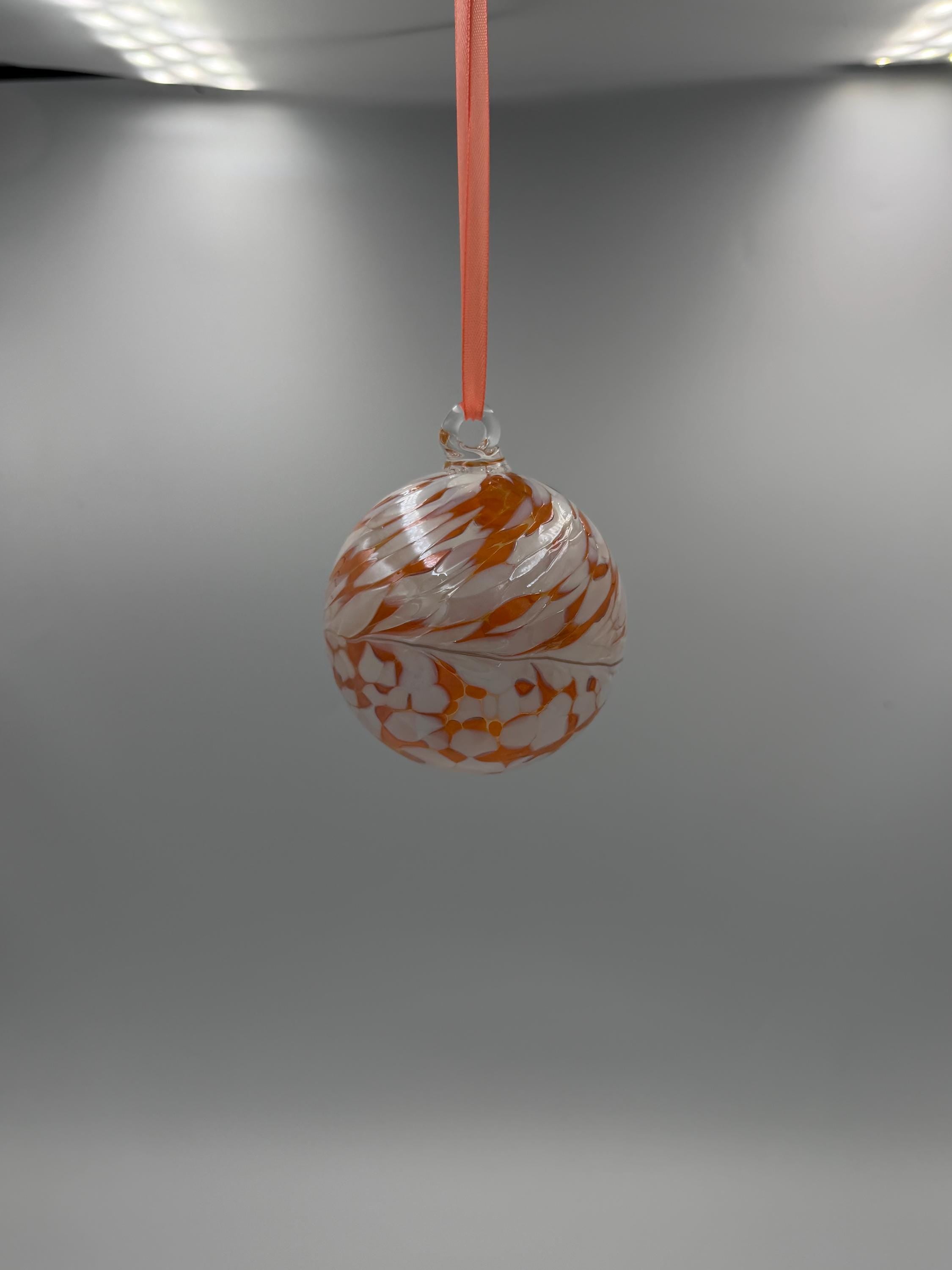 Hand Blown Glass Ball Ornament – 8cm Orange & White Hanging Glass Bauble