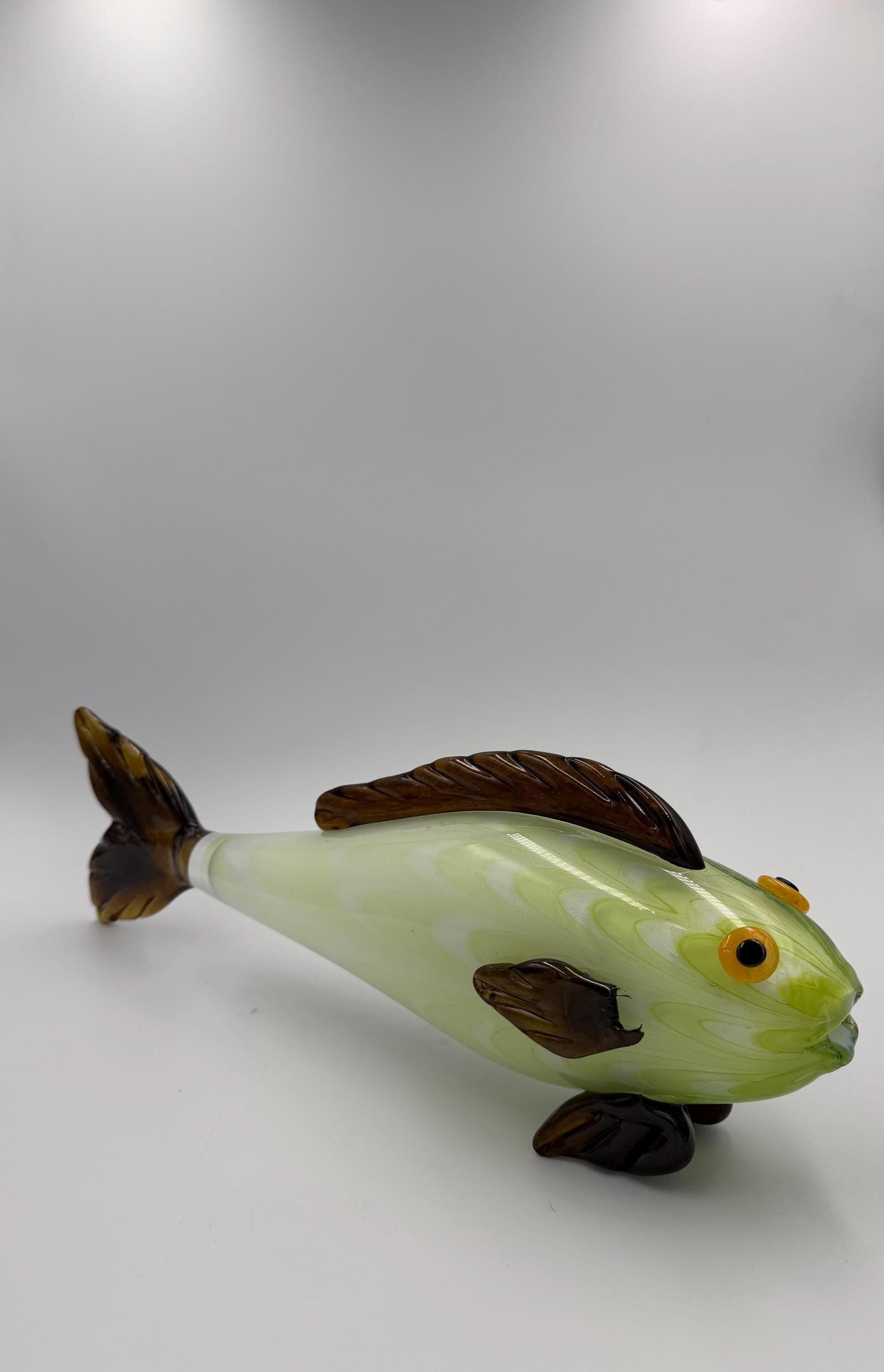 40cm Hand-Blown Glass Fish Sculpture – Light Green with Dark Fins