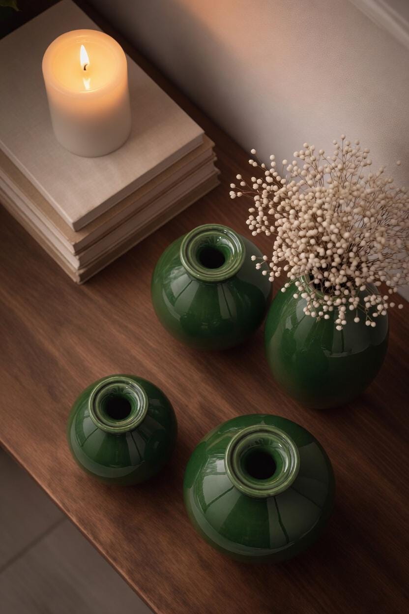 Handblown Art Glass Bud Vases – Moss Green Minimalist Set of 4