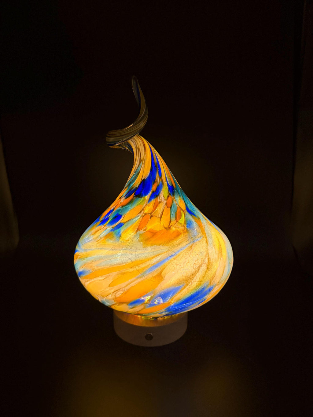 Hand-Blown Glass Swirl Lamp – Blue Yellow Artistic Accent Light (Battery Operated)