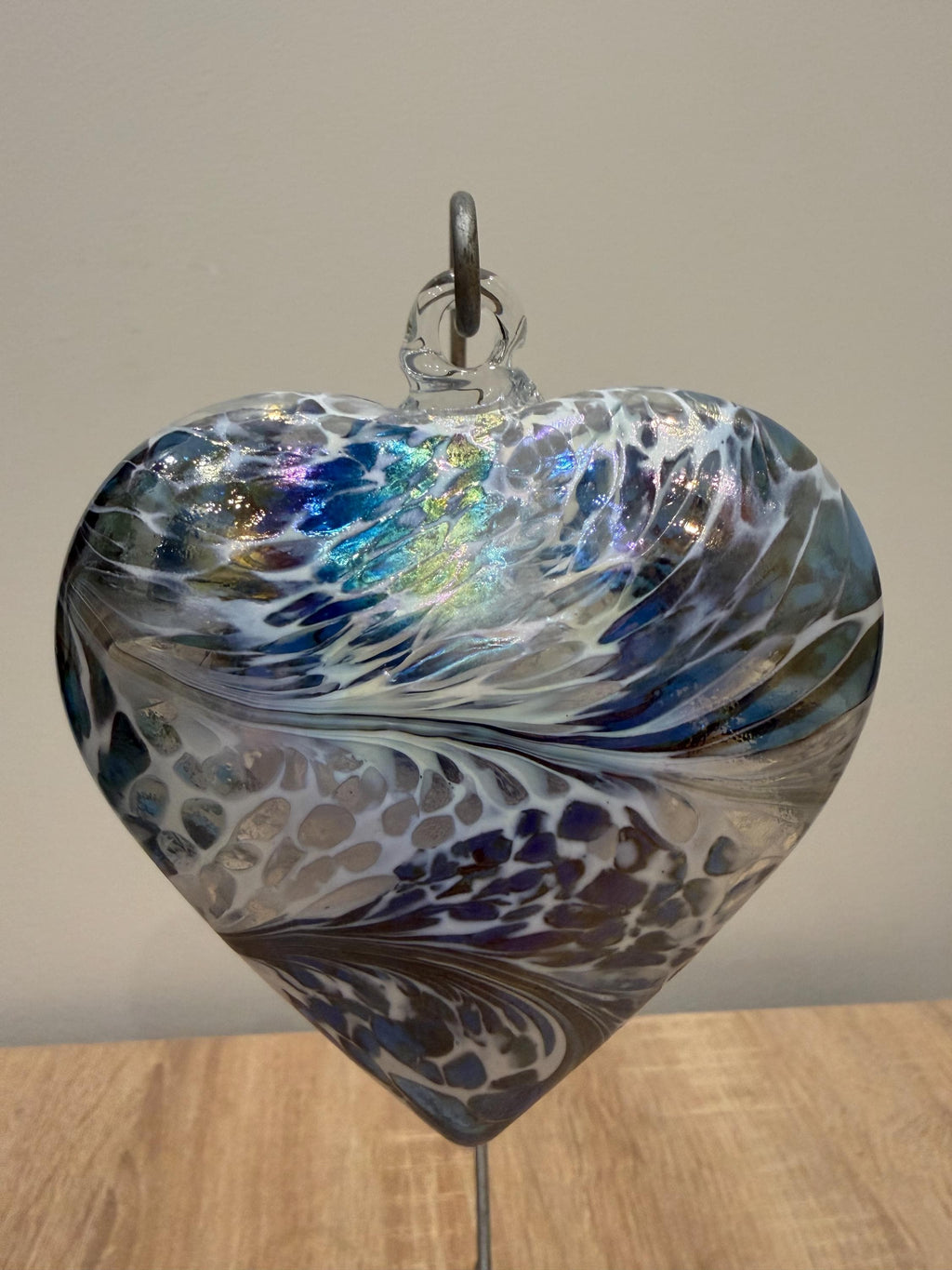 Hand-Blown Glass Heart Ornament 10 cm – Blue White Iridescent Suncatcher Decor
