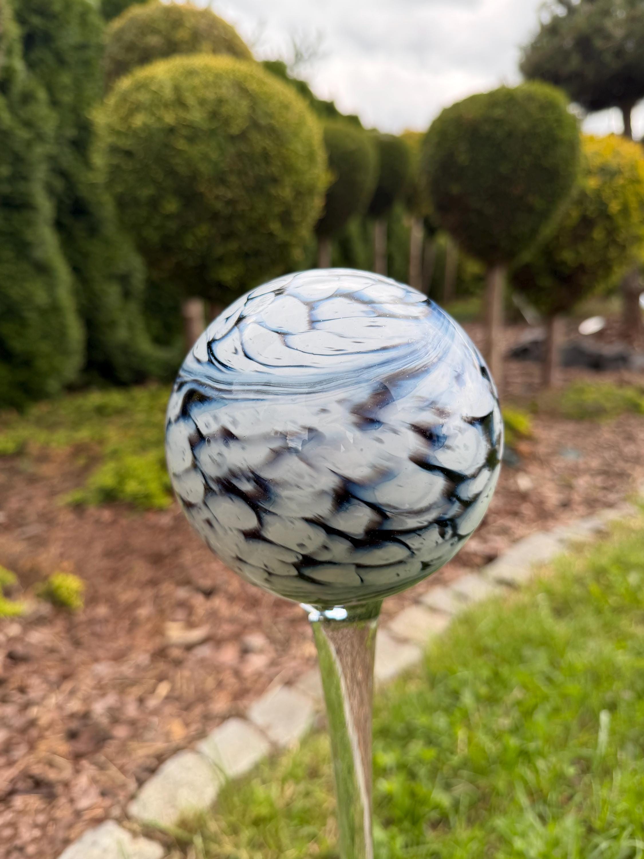 12cm Black White Glass Garden Stake - Hand Blown Garden Globe - 70cm Outdoor Decor