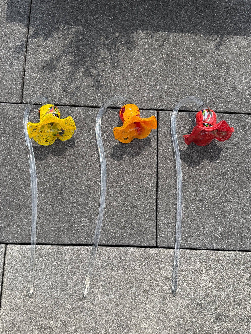 Set of 3 12cm Glass Flower Garden Stakes - Hand Blown Garden Art - 50cm Decor